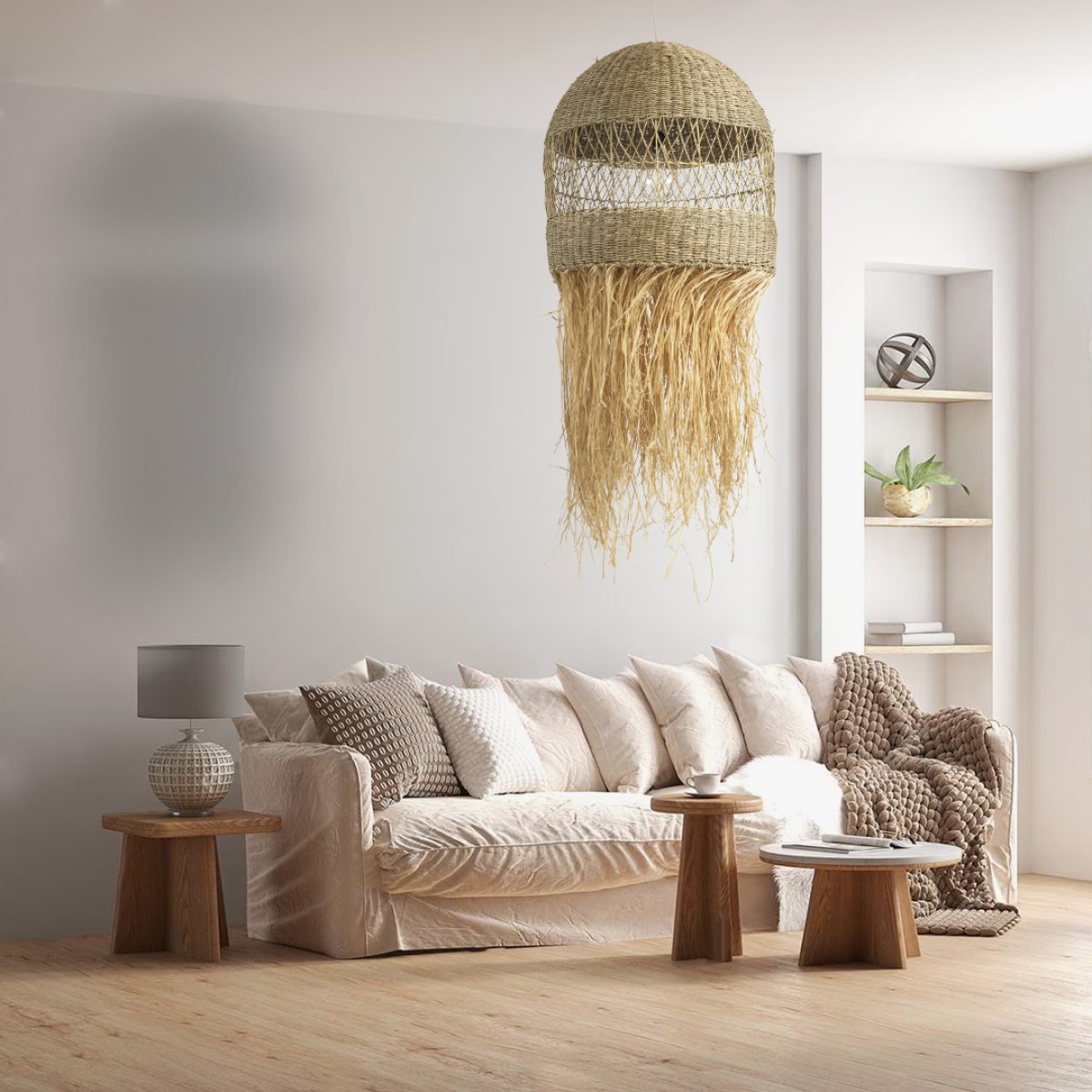 GloboStar® SAINTLUCIA 02161 Boho Κρεμαστό Φωτιστικό Πλεγμα Μονόφωτο 1 x E27 IP20 Μπεζ Ράφια - Μ66 x Π66 x Υ120cm