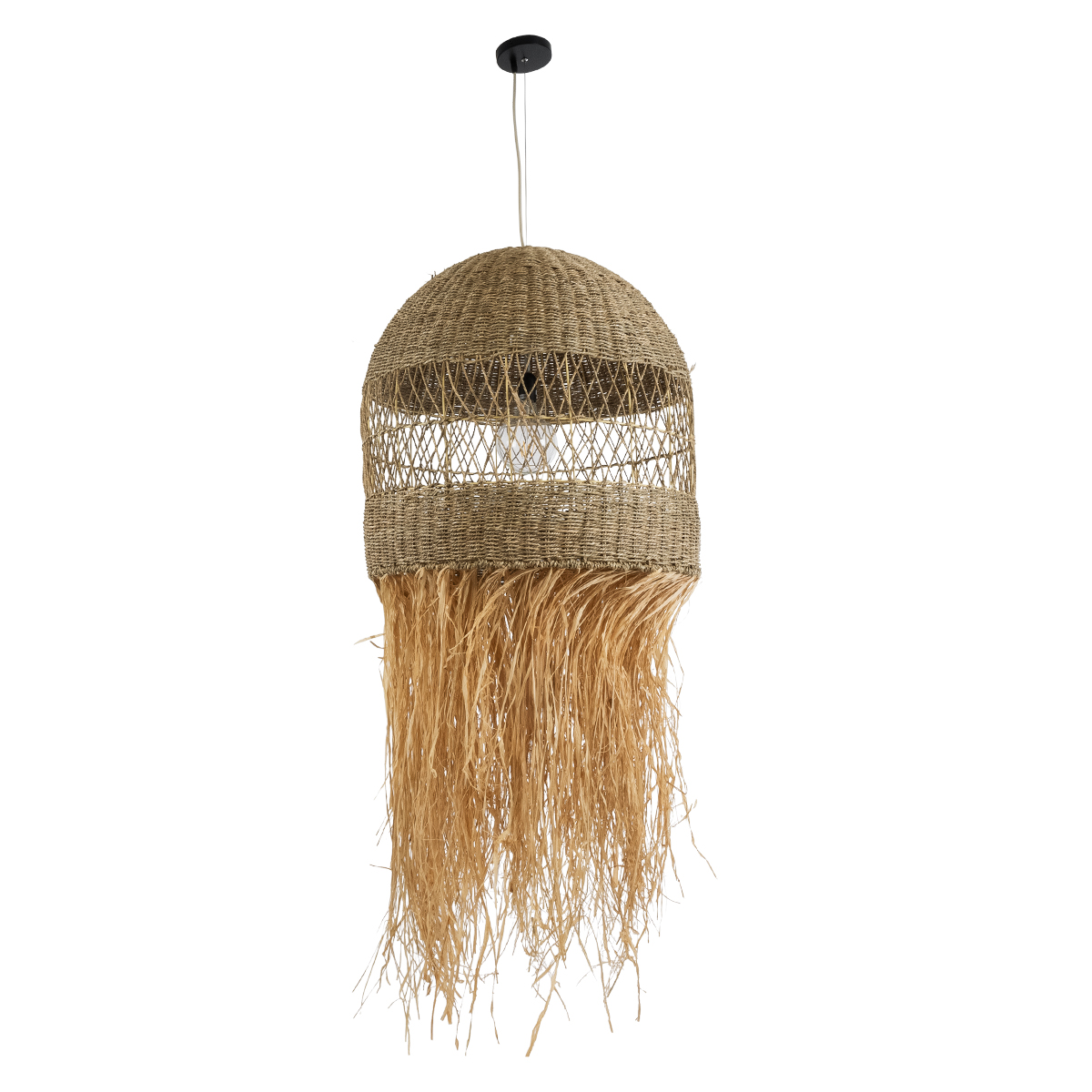GloboStar® SAINTLUCIA 02161 Boho Κρεμαστό Φωτιστικό Πλεγμα Μονόφωτο 1 x E27 IP20 Μπεζ Ράφια - Μ66 x Π66 x Υ120cm