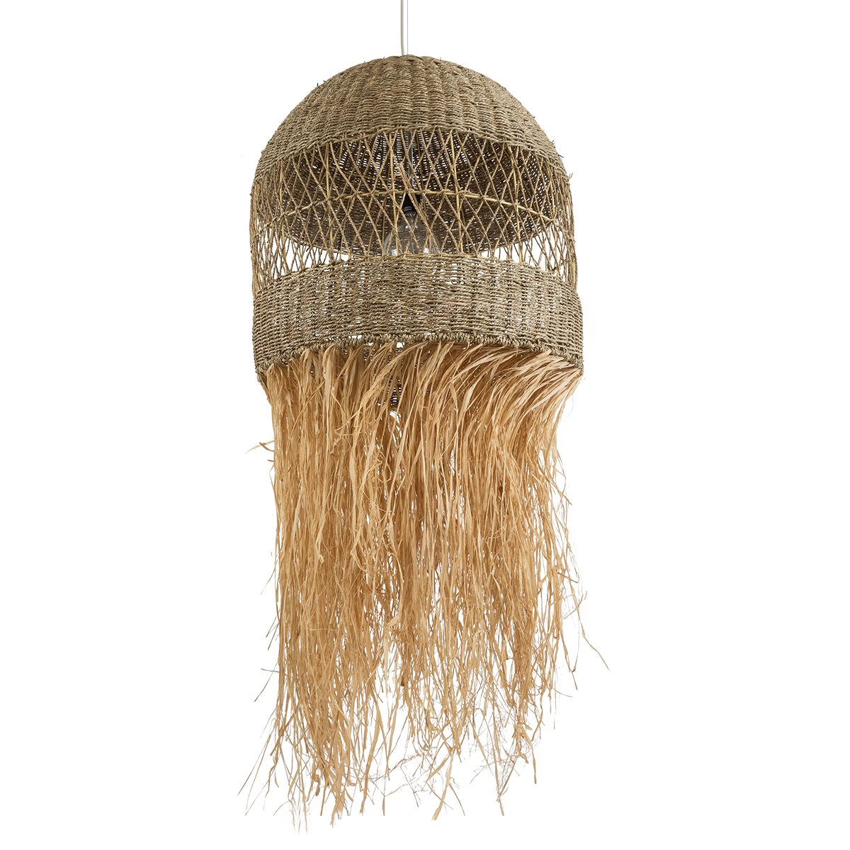 GloboStar® SAINTLUCIA 02161 Boho Κρεμαστό Φωτιστικό Πλεγμα Μονόφωτο 1 x E27 IP20 Μπεζ Ράφια - Μ66 x Π66 x Υ120cm
