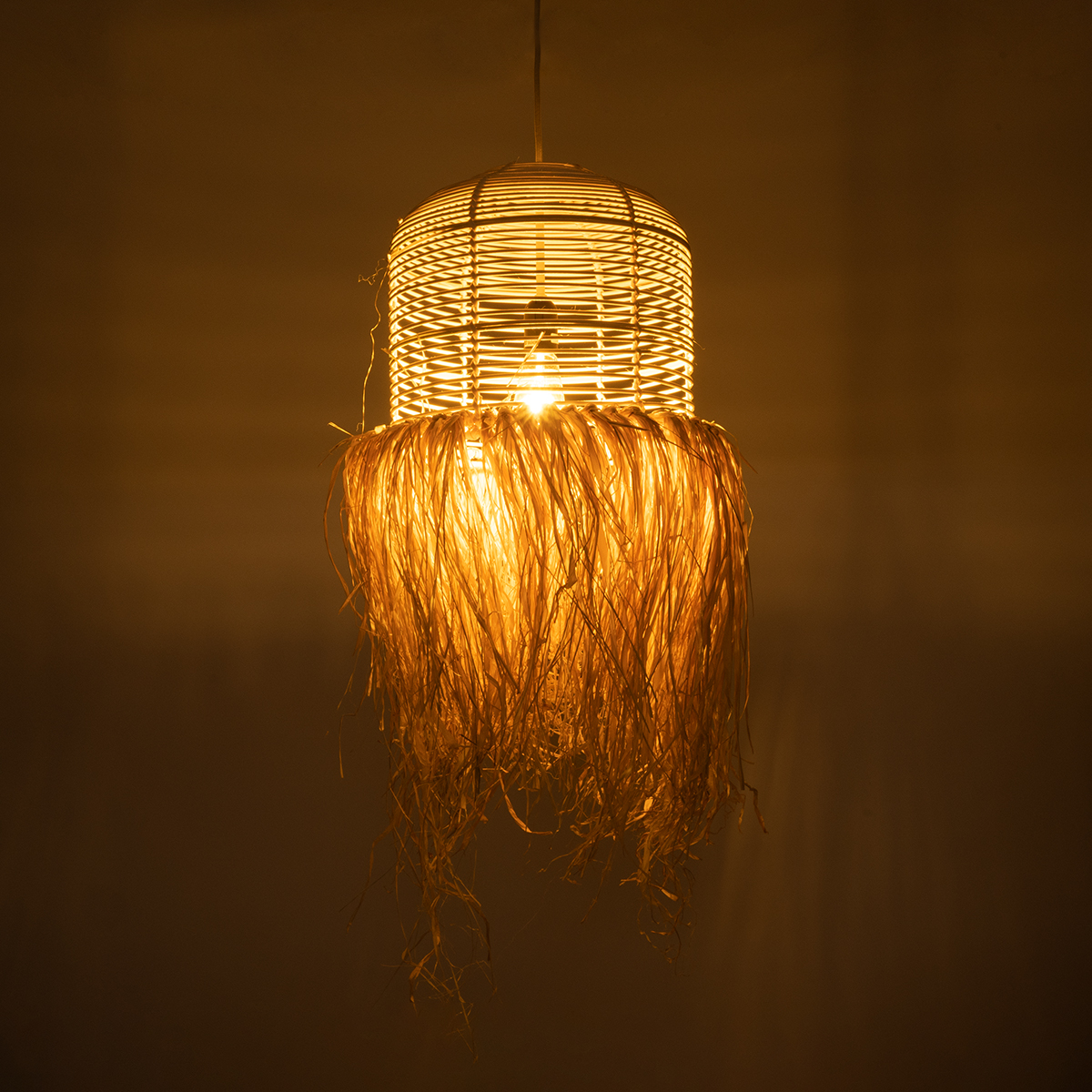 GloboStar® BASSETERRE 02162 Boho Κρεμαστό Φωτιστικό Πλεγμα Μονόφωτο 1 x E27 IP20 Μπεζ Ξύλο - Μ35 x Π35 x Υ60cm