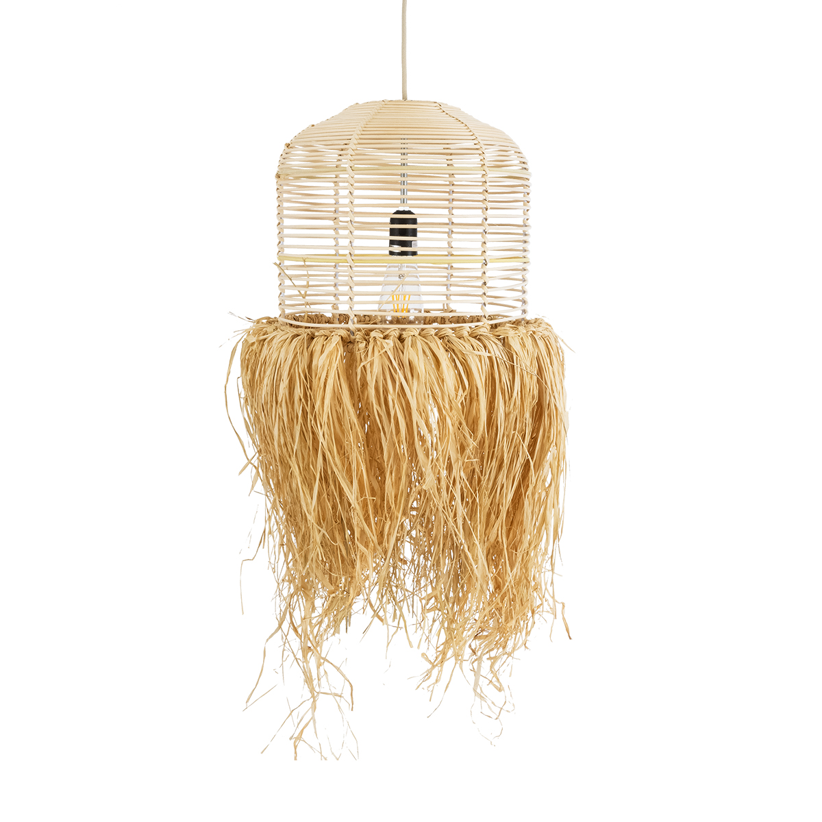 GloboStar® BASSETERRE 02162 Boho Κρεμαστό Φωτιστικό Πλεγμα Μονόφωτο 1 x E27 IP20 Μπεζ Ξύλο - Μ35 x Π35 x Υ60cm