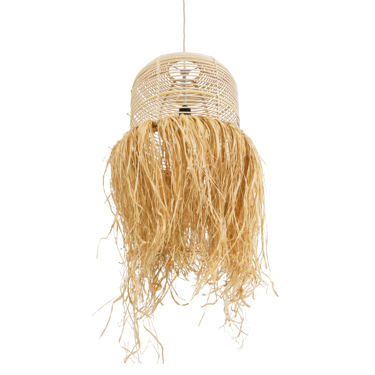 GloboStar® BASSETERRE 02162 Boho Κρεμαστό Φωτιστικό Πλεγμα Μονόφωτο 1 x E27 IP20 Μπεζ Ξύλο - Μ35 x Π35 x Υ60cm