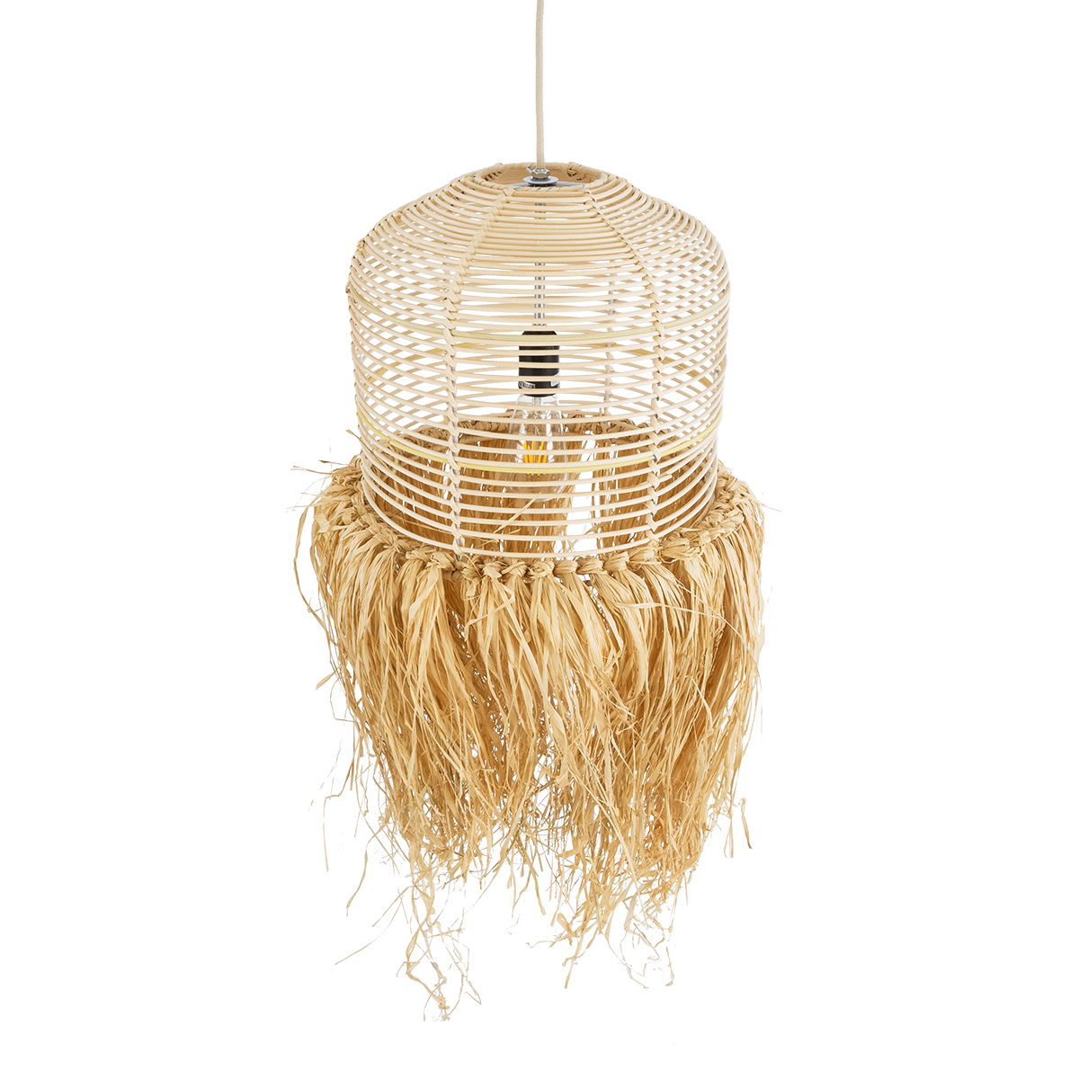 GloboStar® BASSETERRE 02162 Boho Κρεμαστό Φωτιστικό Πλεγμα Μονόφωτο 1 x E27 IP20 Μπεζ Ξύλο - Μ35 x Π35 x Υ60cm
