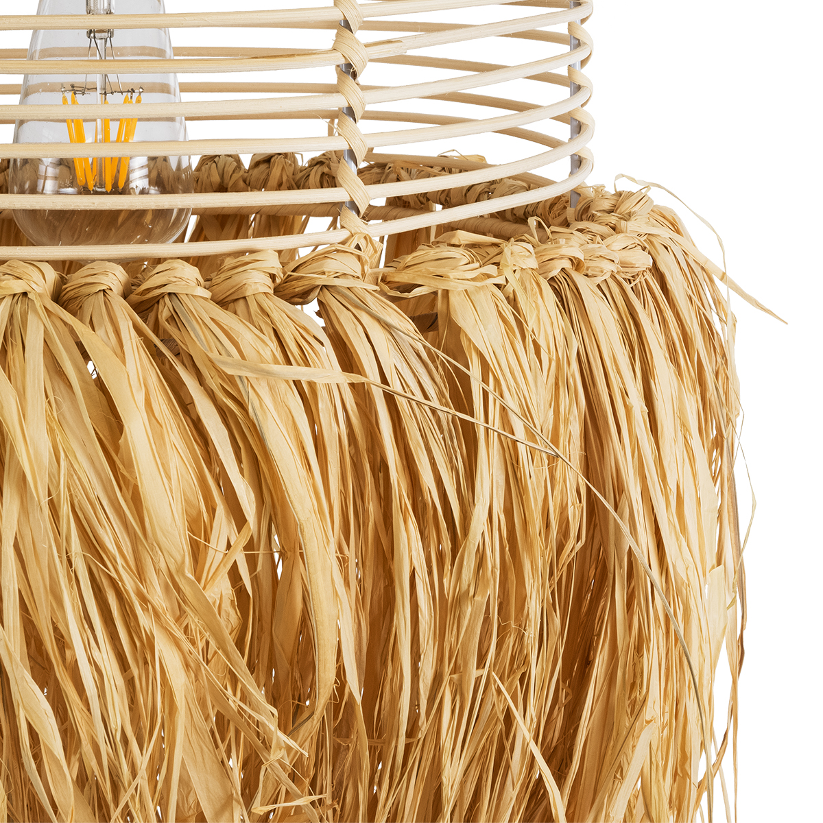 GloboStar® BASSETERRE 02162 Boho Κρεμαστό Φωτιστικό Πλεγμα Μονόφωτο 1 x E27 IP20 Μπεζ Ξύλο - Μ35 x Π35 x Υ60cm