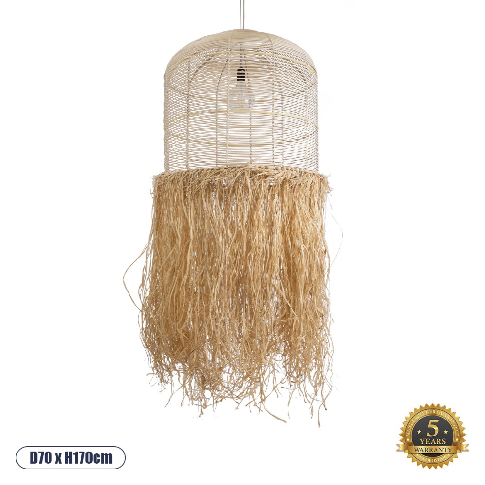 GloboStar® BASSETERRE 02163 Boho Κρεμαστό Φωτιστικό Πλέγμα Μονόφωτο 1 x E27 IP20 Μπεζ Ξύλο με Καφέ Ράφια - Μ70 x Π70 x Υ170cm