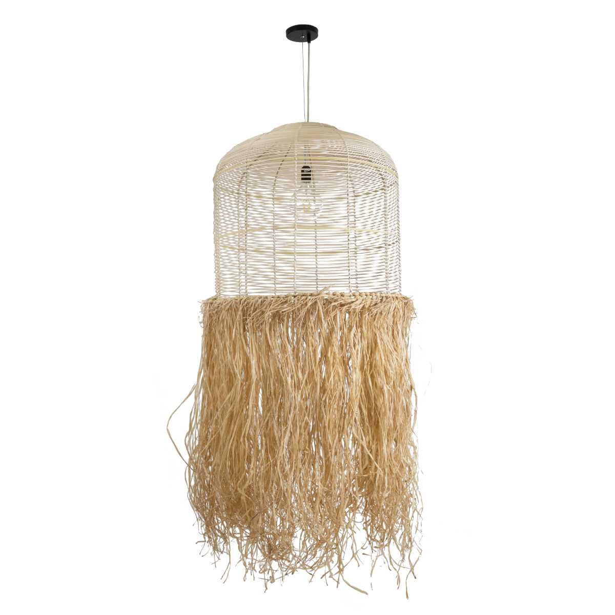 GloboStar® BASSETERRE 02163 Boho Κρεμαστό Φωτιστικό Πλέγμα Μονόφωτο 1 x E27 IP20 Μπεζ Ξύλο με Καφέ Ράφια - Μ70 x Π70 x Υ170cm