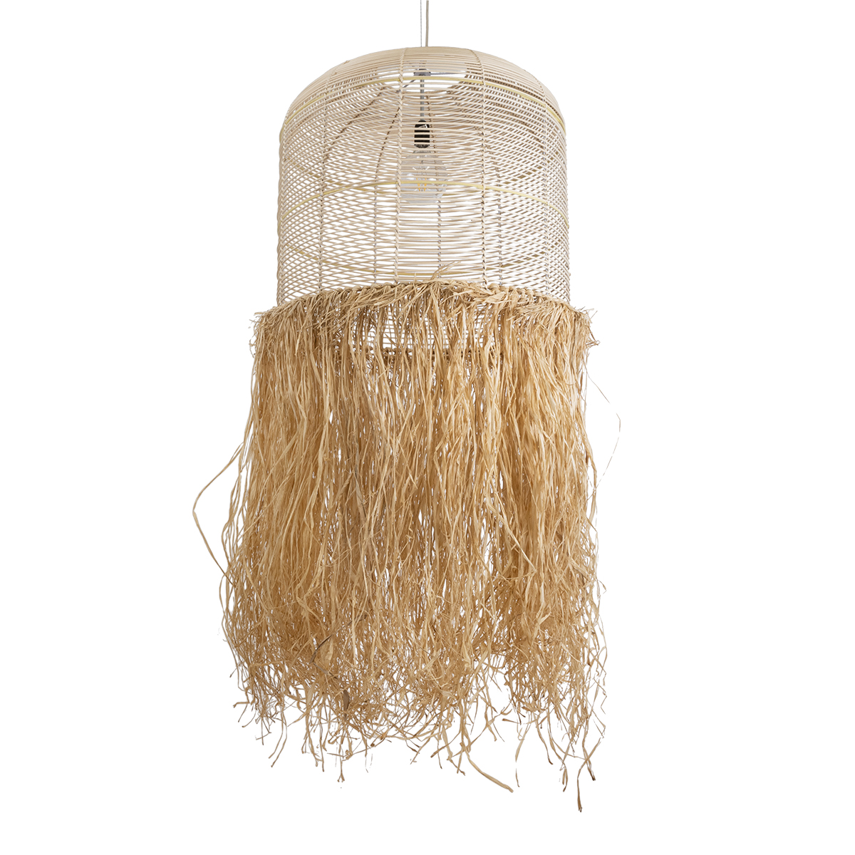 GloboStar® BASSETERRE 02163 Boho Κρεμαστό Φωτιστικό Πλέγμα Μονόφωτο 1 x E27 IP20 Μπεζ Ξύλο με Καφέ Ράφια - Μ70 x Π70 x Υ170cm