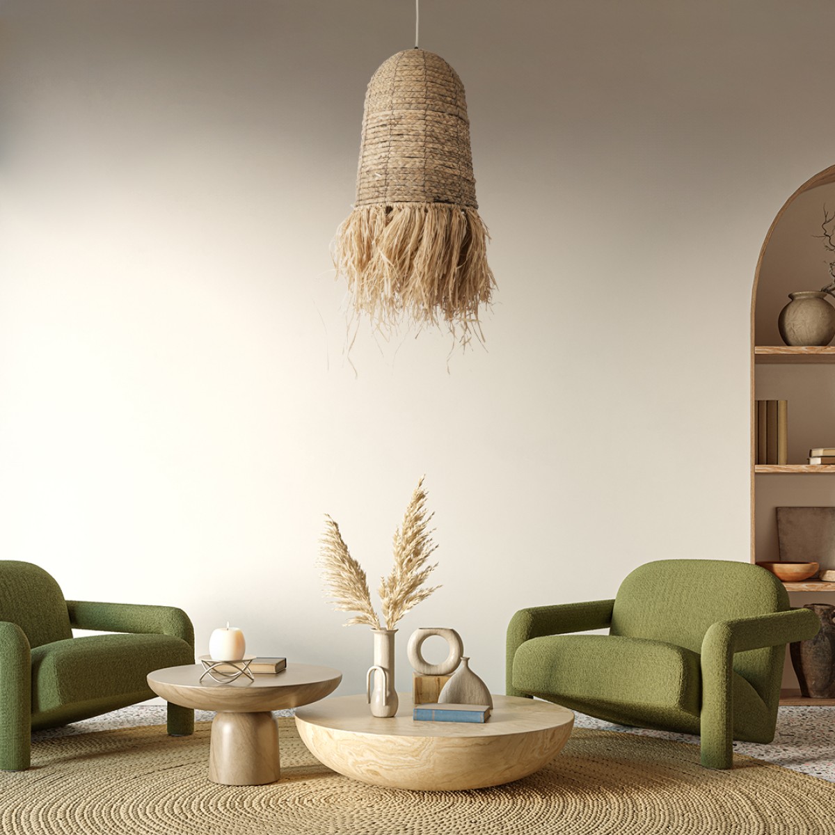 GloboStar® PORTOFERRAIO 02170 Boho Κρεμαστό Φωτιστικό Πλέγμα Μονόφωτο 1 x E27 IP20 Μπεζ Ράφια - Μ30 x Π30 x Υ70cm