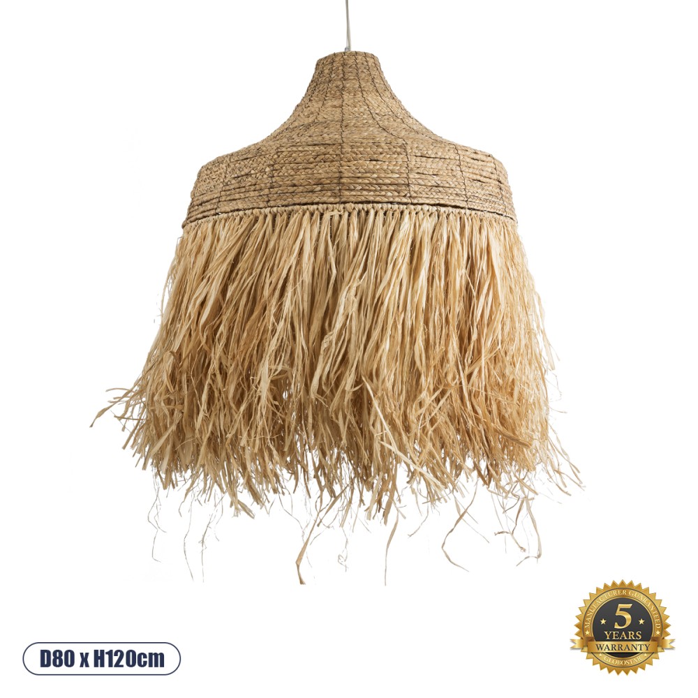 GloboStar® PORTOFERRAIO 02186 Boho Κρεμαστό Φωτιστικό Καμπάνα Μονόφωτο 1 x E27 IP20 Μπεζ Raffia - Μ80 x Π80 x Υ120cm