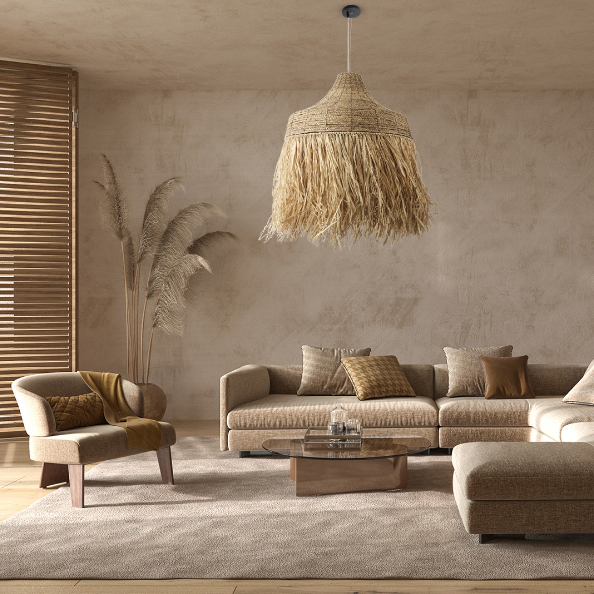 GloboStar® PORTOFERRAIO 02186 Boho Κρεμαστό Φωτιστικό Πλέγμα Μονόφωτο 1 x E27 IP20 Μπεζ Ράφια - Μ80 x Π80 x Υ120cm