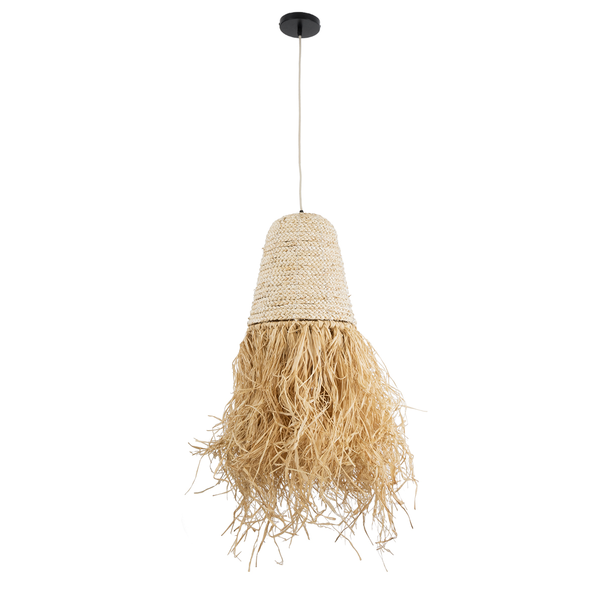 GloboStar® LETA 02189 Boho Κρεμαστό Φωτιστικό Πλέγμα Μονόφωτο 1 x E27 IP20 Μπεζ Ράφια - Μ34 x Π34 x Υ70cm