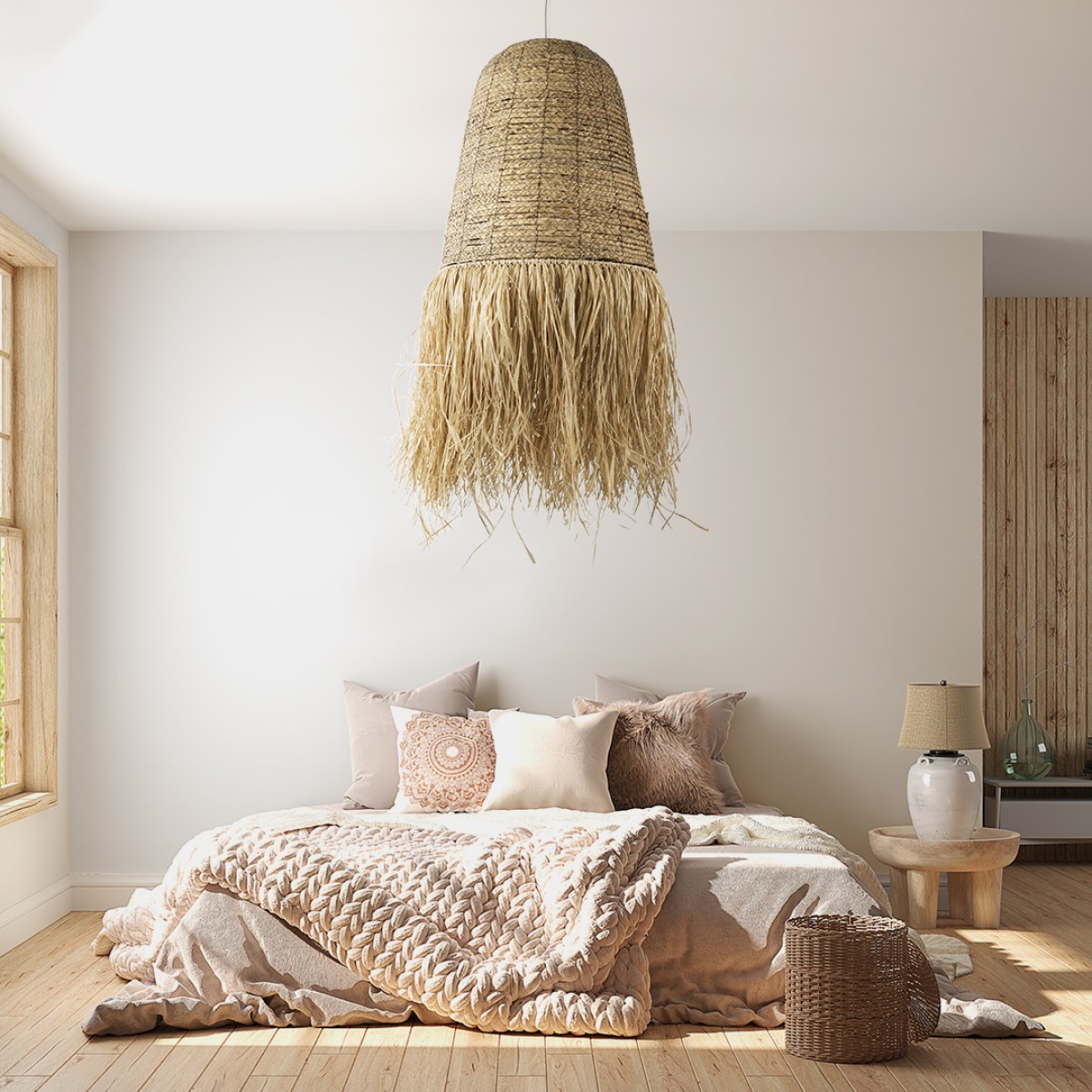 GloboStar® PORTOFERRAIO 02190 Boho Κρεμαστό Φωτιστικό Πλέγμα Μονόφωτο 1 x E27 IP20 Μπεζ Ράφια - Μ60 x Π60 x Υ120cm