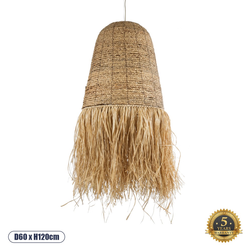 GloboStar® PORTOFERRAIO 02190 Boho Κρεμαστό Φωτιστικό Καμπάνα Μονόφωτο 1 x E27 IP20 Μπεζ Raffia - Μ60 x Π60 x Υ120cm