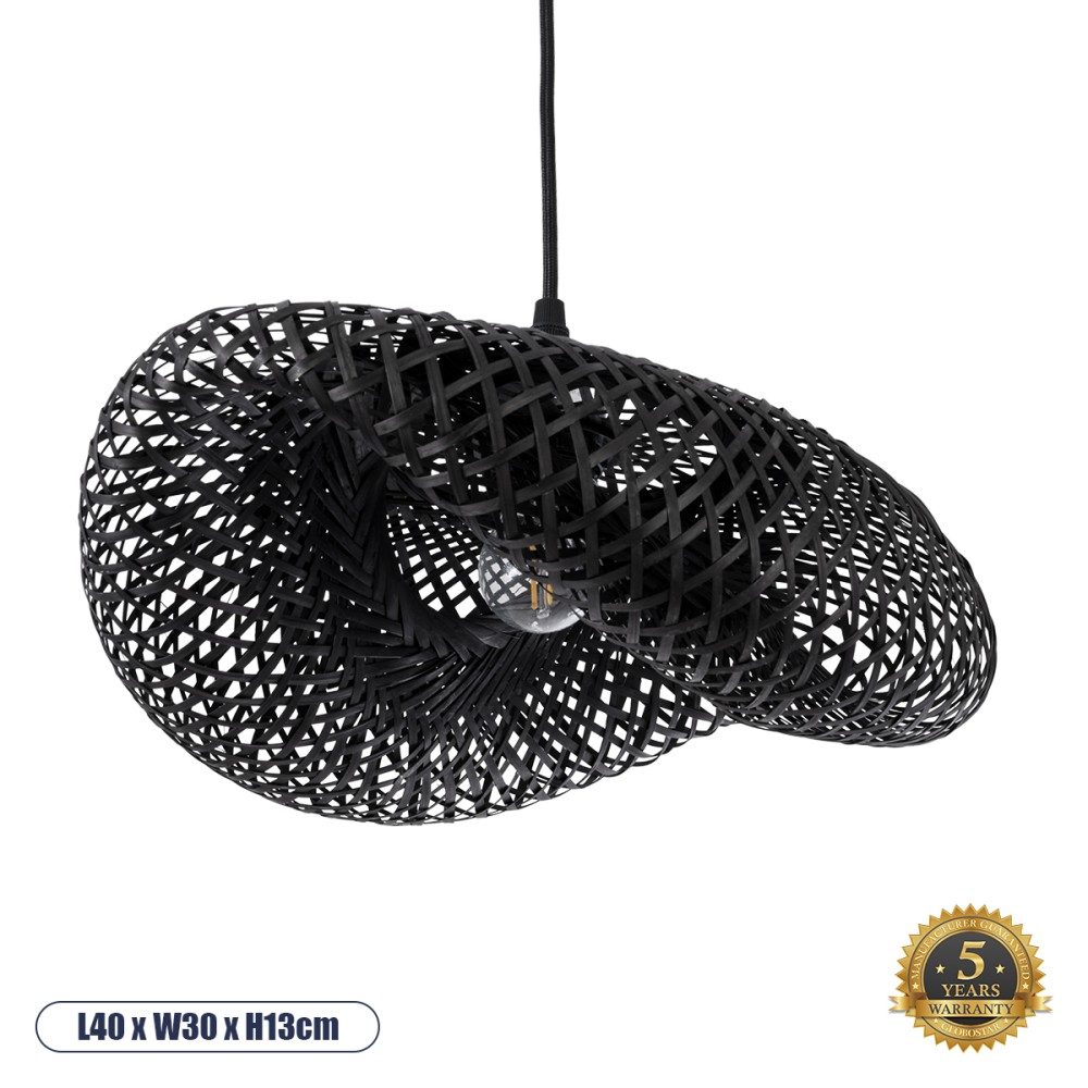 GloboStar® MEXICO 02200 Boho Κρεμαστό Φωτιστικό Πλέγμα Μονόφωτο 1 x E27 IP20 Μαύρο Ξύλο - Μ40 x Π30 x Υ13cm