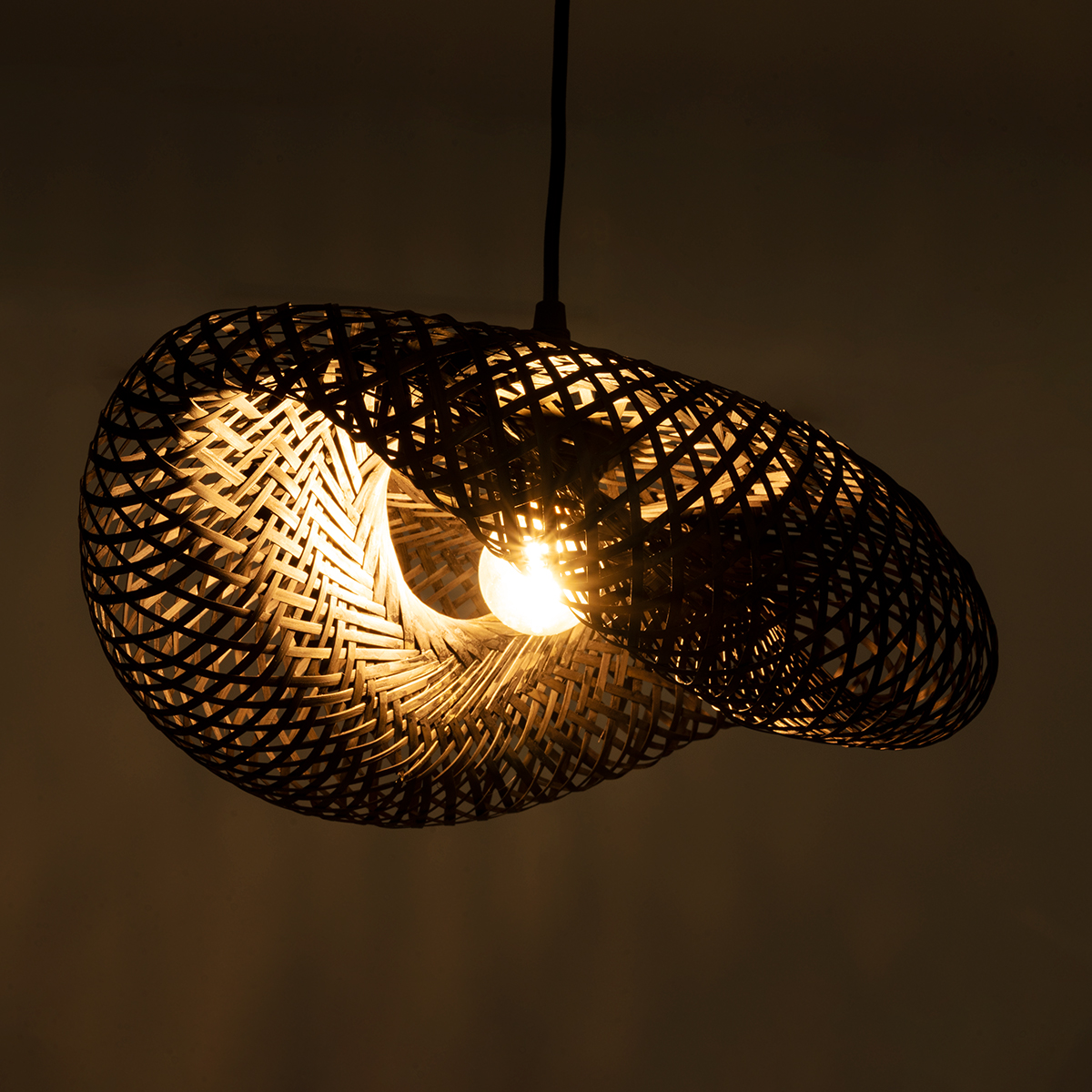 GloboStar® MEXICO 02200 Boho Κρεμαστό Φωτιστικό Πλέγμα Μονόφωτο 1 x E27 IP20 Μαύρο Ξύλο - Μ40 x Π30 x Υ13cm