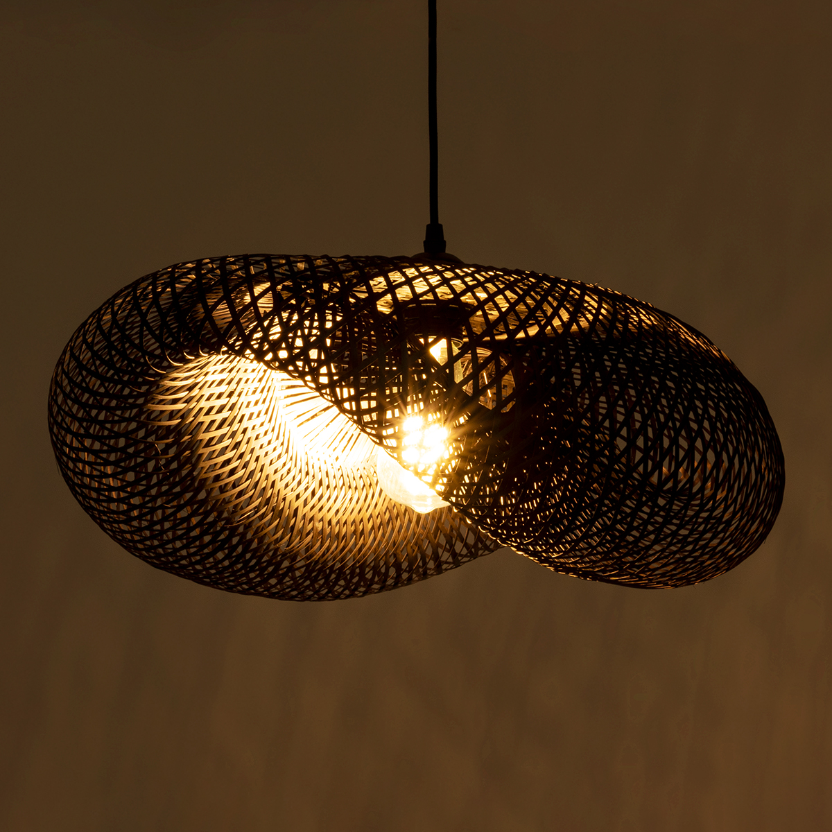 GloboStar® MEXICO 02201 Boho Κρεμαστό Φωτιστικό Πλέγμα Μονόφωτο 1 x E27 IP20 Μαύρο Ξύλο - Μ65 x Π45 x Υ18cm