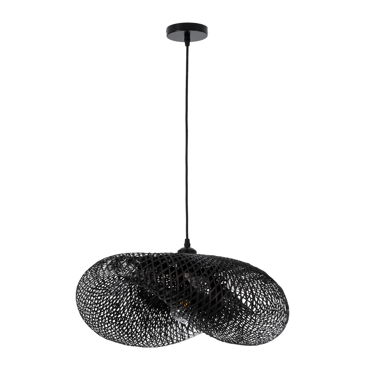 GloboStar® MEXICO 02201 Boho Κρεμαστό Φωτιστικό Πλέγμα Μονόφωτο 1 x E27 IP20 Μαύρο Ξύλο - Μ65 x Π45 x Υ18cm