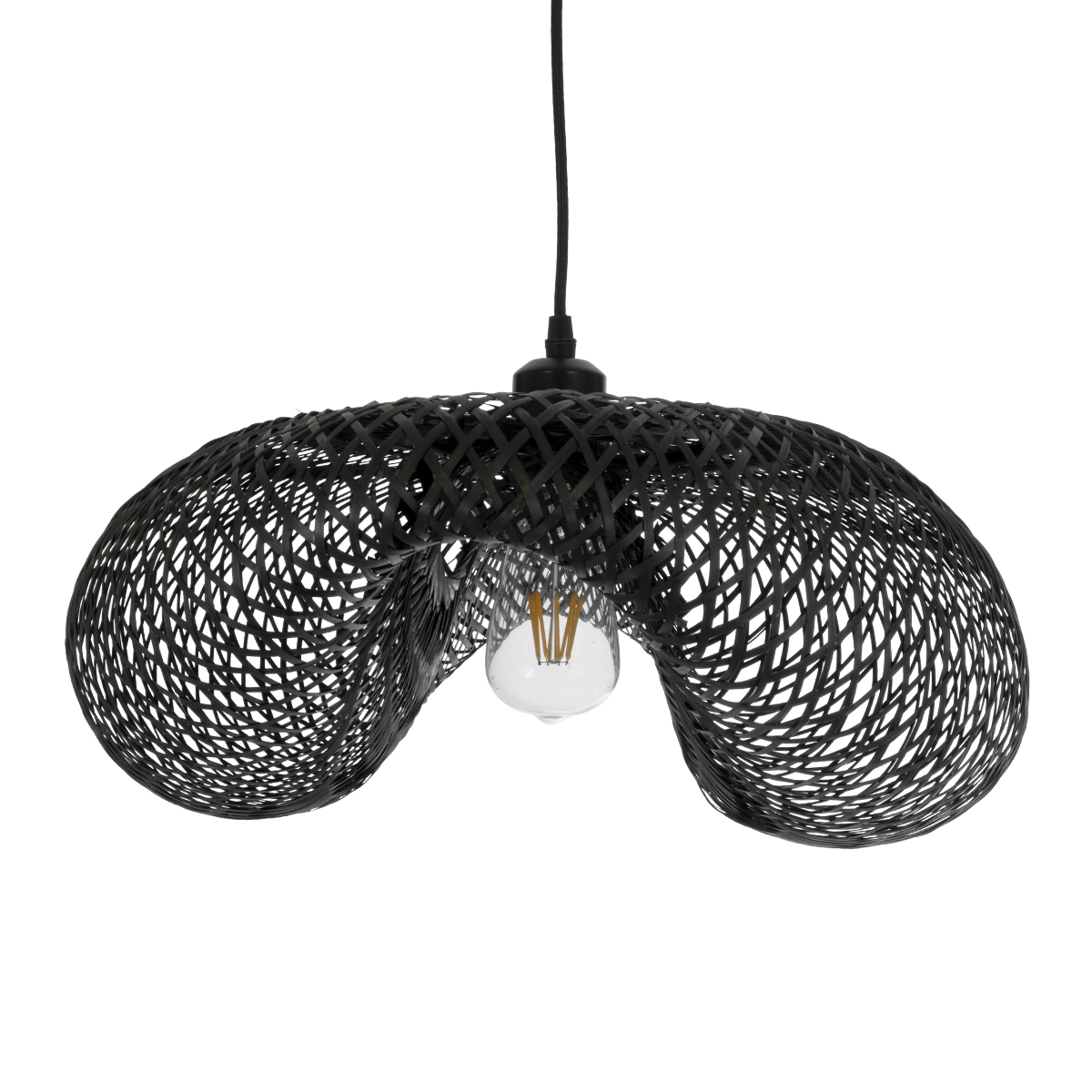 GloboStar® MEXICO 02201 Boho Κρεμαστό Φωτιστικό Πλέγμα Μονόφωτο 1 x E27 IP20 Μαύρο Ξύλο - Μ65 x Π45 x Υ18cm