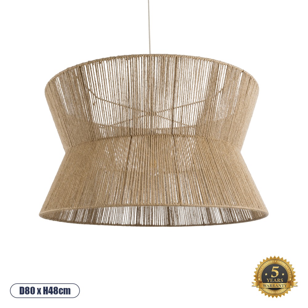 GloboStar® BISBEE 02205 Boho Κρεμαστό Φωτιστικό Καπέλο Μονόφωτο 1 x E27 IP20 Μπεζ Σχοινί - Μ80 x Π80 x Υ48cm
