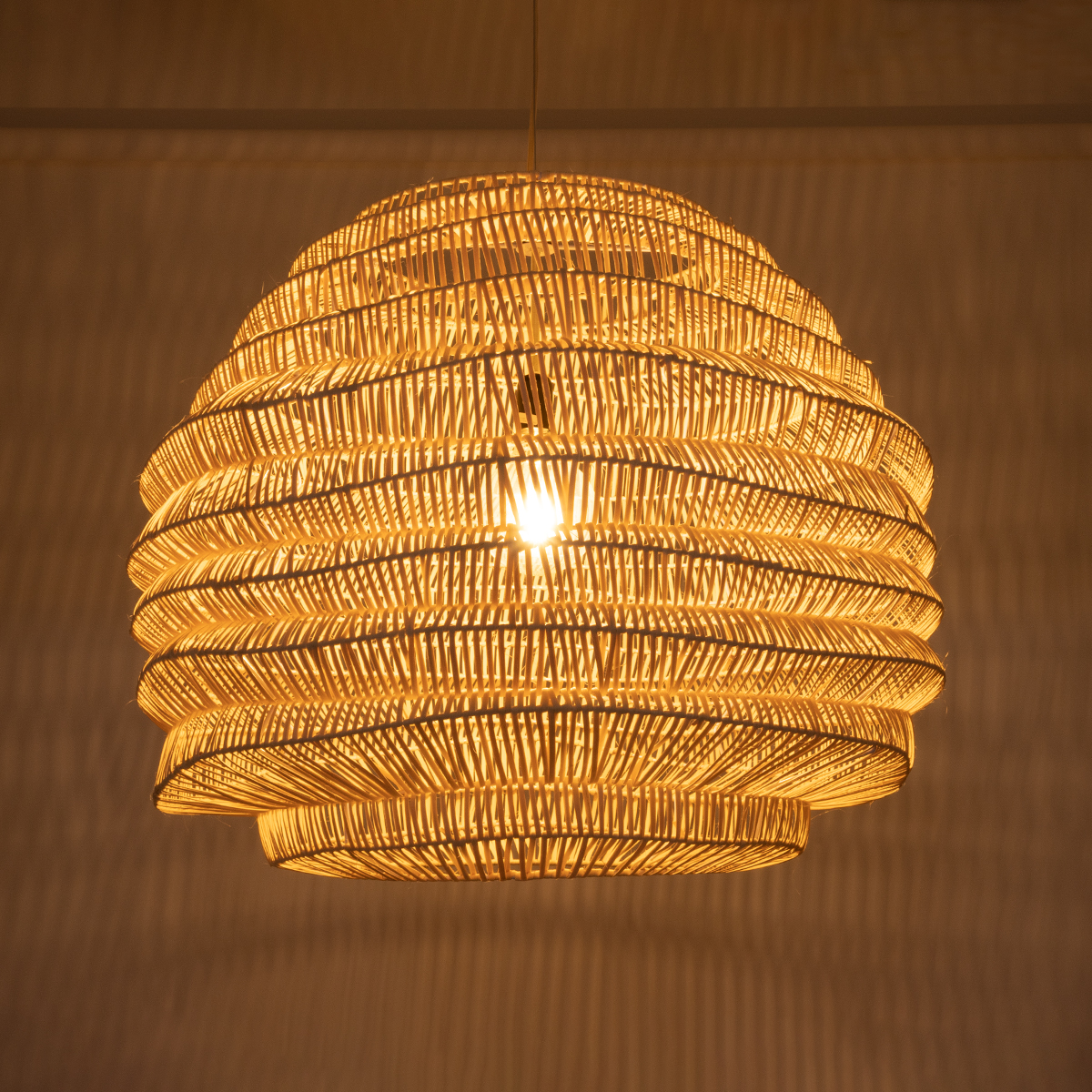 GloboStar® OREGON 02207 Boho Κρεμαστό Φωτιστικό Πλέγμα Μονόφωτο 1 x E27 IP20 Μπεζ Ξύλο - Μ80 x Π80 x Υ65cm