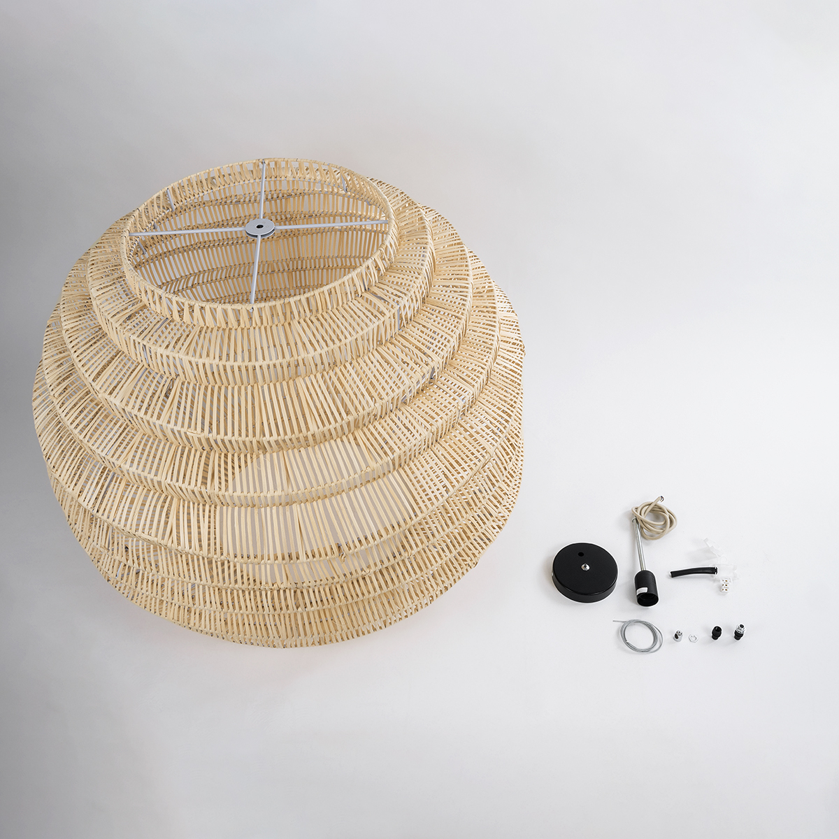 GloboStar® OREGON 02207 Boho Κρεμαστό Φωτιστικό Πλέγμα Μονόφωτο 1 x E27 IP20 Μπεζ Ξύλο - Μ80 x Π80 x Υ65cm