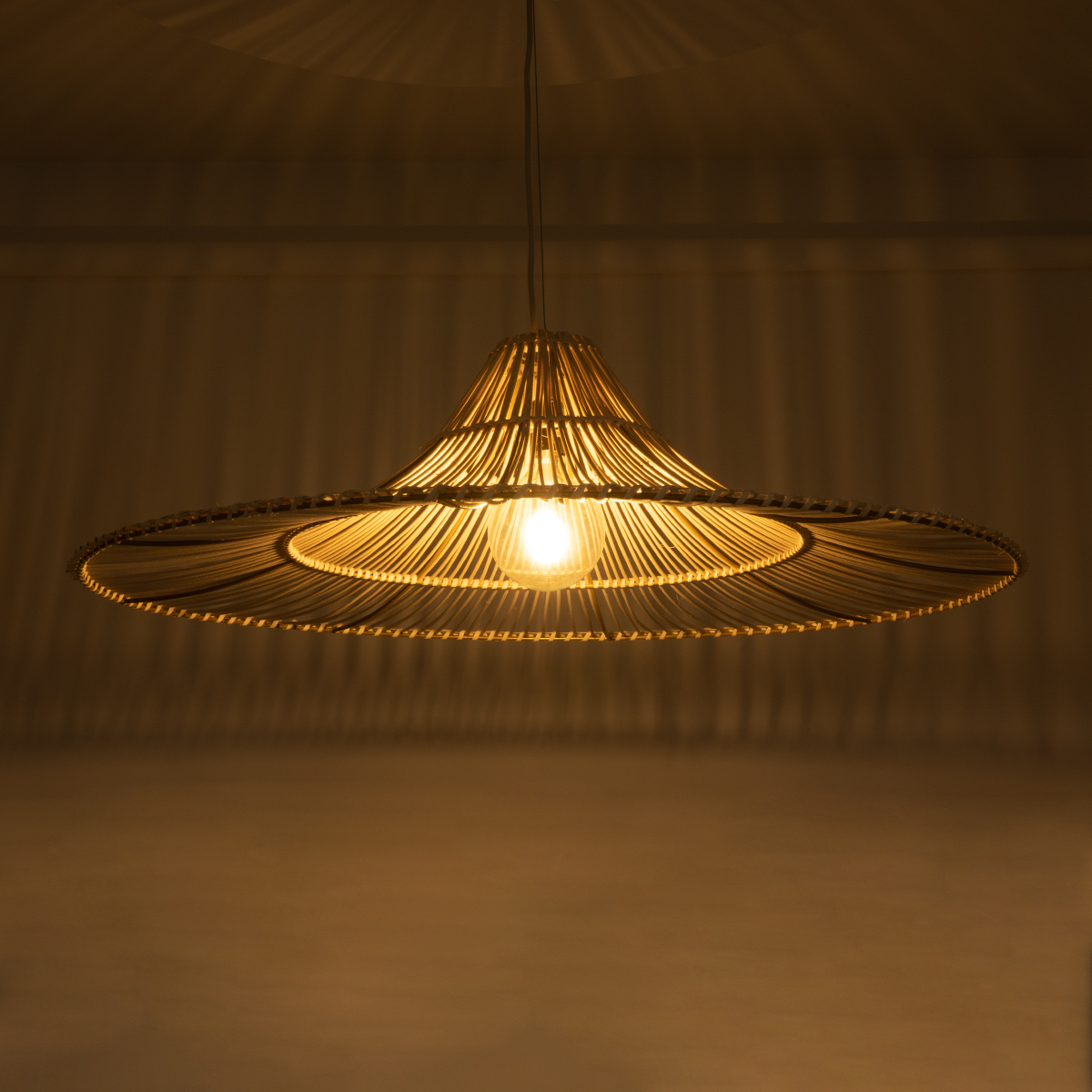 GloboStar® PALERMO 02209 Boho Κρεμαστό Φωτιστικό Πλέγμα Μονόφωτο 1 x E27 IP20 Μπεζ Ξύλο - Μ100 x Π100 x Υ30cm
