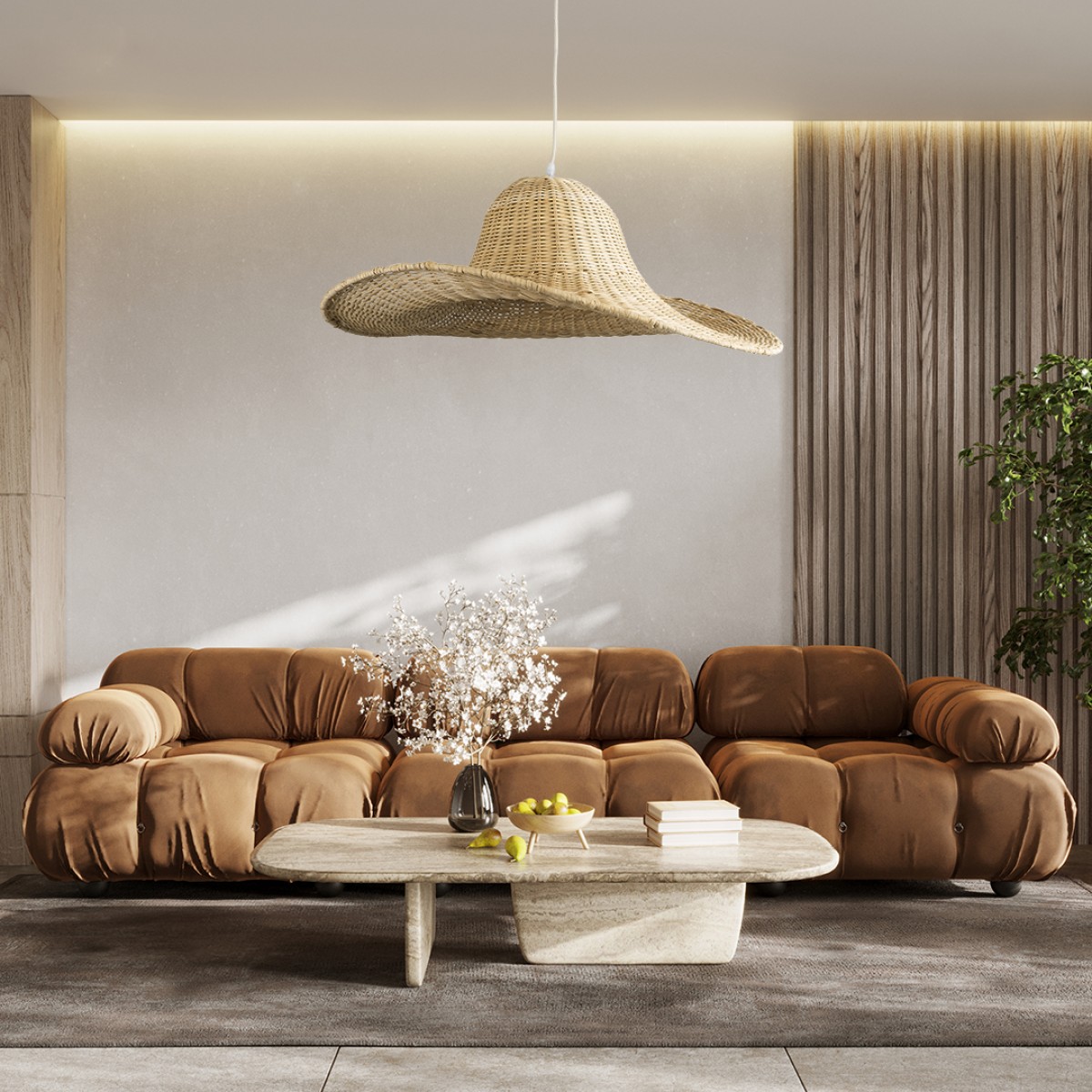 GloboStar® ESPARGOS 02214 Boho Κρεμαστό Φωτιστικό Πλέγμα Μονόφωτο 1 x E27 IP20 Μπεζ Ξύλο - Μ70 x Π70 x Υ35cm