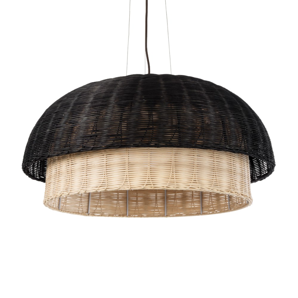 GloboStar® CORSICA 02216 Boho Κρεμαστό Φωτιστικό Καμπάνα Μονόφωτο 1 x E27 IP20 Μαύρο & Μπεζ Ξύλο - Μ70 x Π70 x Υ35cm
