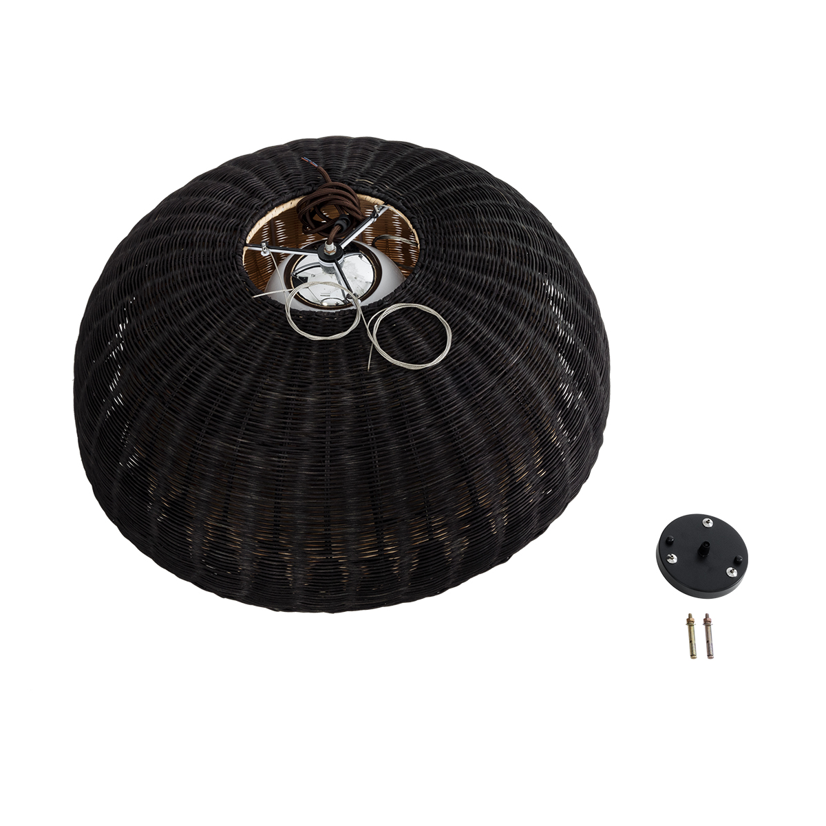 GloboStar® CORSICA 02216 Boho Κρεμαστό Φωτιστικό Καμπάνα Μονόφωτο 1 x E27 IP20 Μαύρο & Μπεζ Ξύλο - Μ70 x Π70 x Υ35cm
