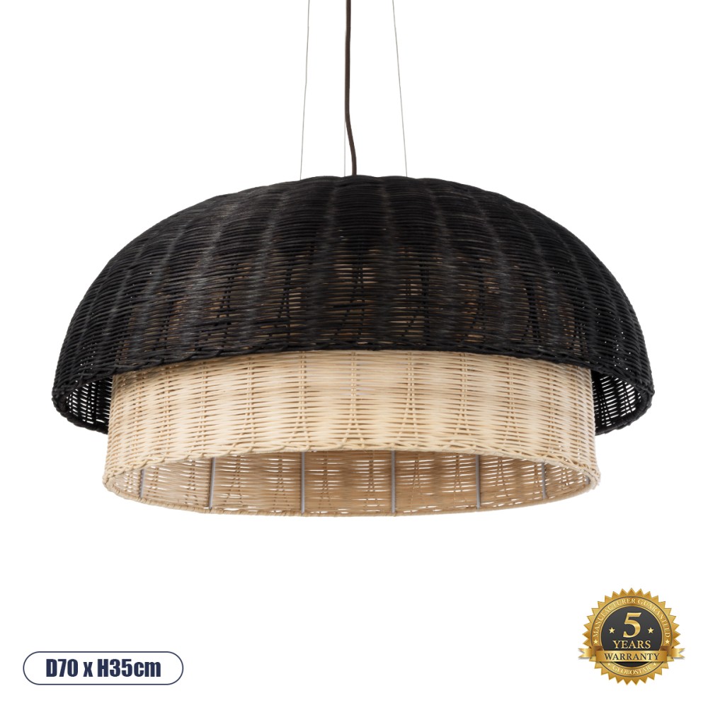 GloboStar® CORSICA 02216 Boho Κρεμαστό Φωτιστικό Καμπάνα Μονόφωτο 1 x E27 IP20 Μαύρο & Μπεζ Ξύλο - Μ70 x Π70 x Υ35cm