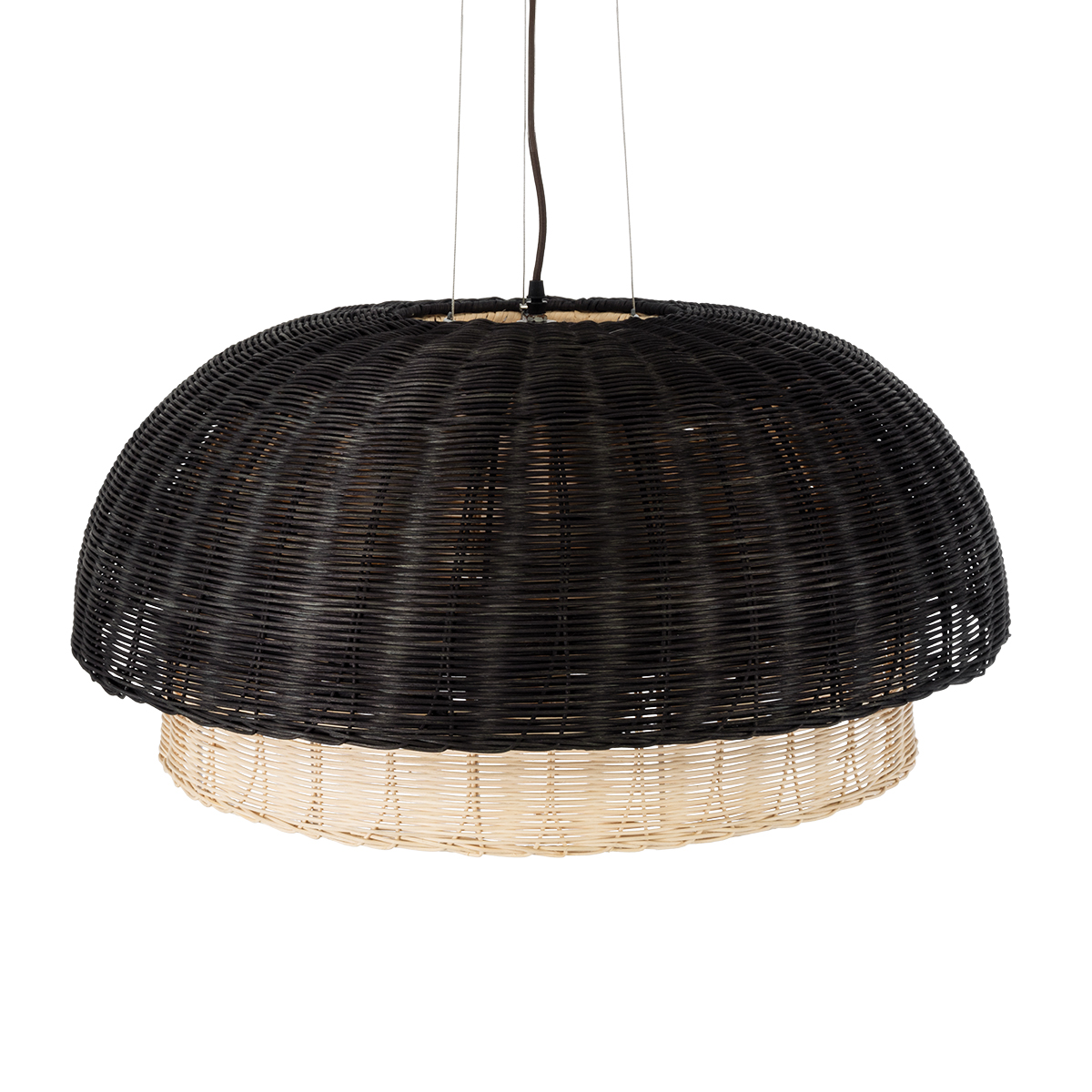 GloboStar® CORSICA 02216 Boho Κρεμαστό Φωτιστικό Καμπάνα Μονόφωτο 1 x E27 IP20 Μαύρο & Μπεζ Ξύλο - Μ70 x Π70 x Υ35cm