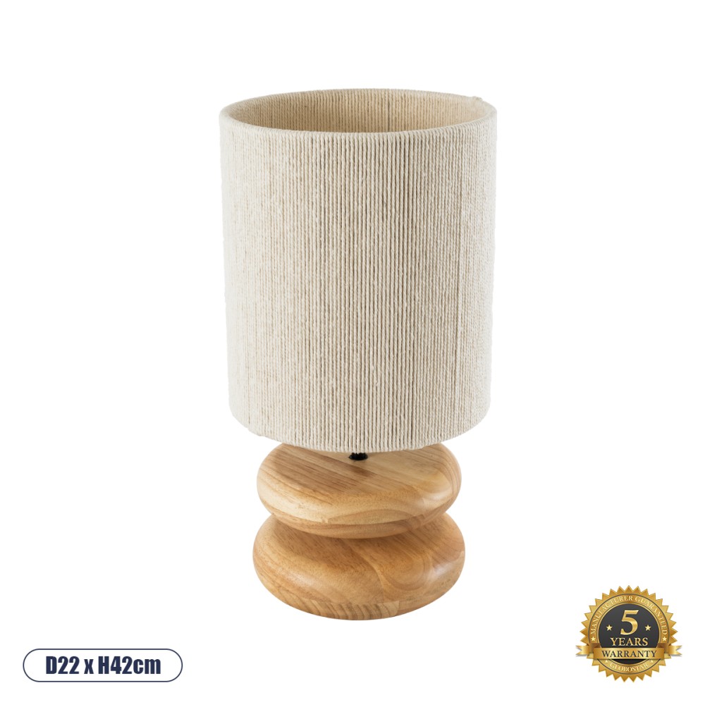 GloboStar® TUVALU 02236 Boho Επιτραπέζιο Φωτιστικό Πορτατίφ Μονόφωτο 1 x E27 IP20 Καφέ Ξύλο με Μπεζ Νήμα - Μ22 x Π22 x Υ42cm