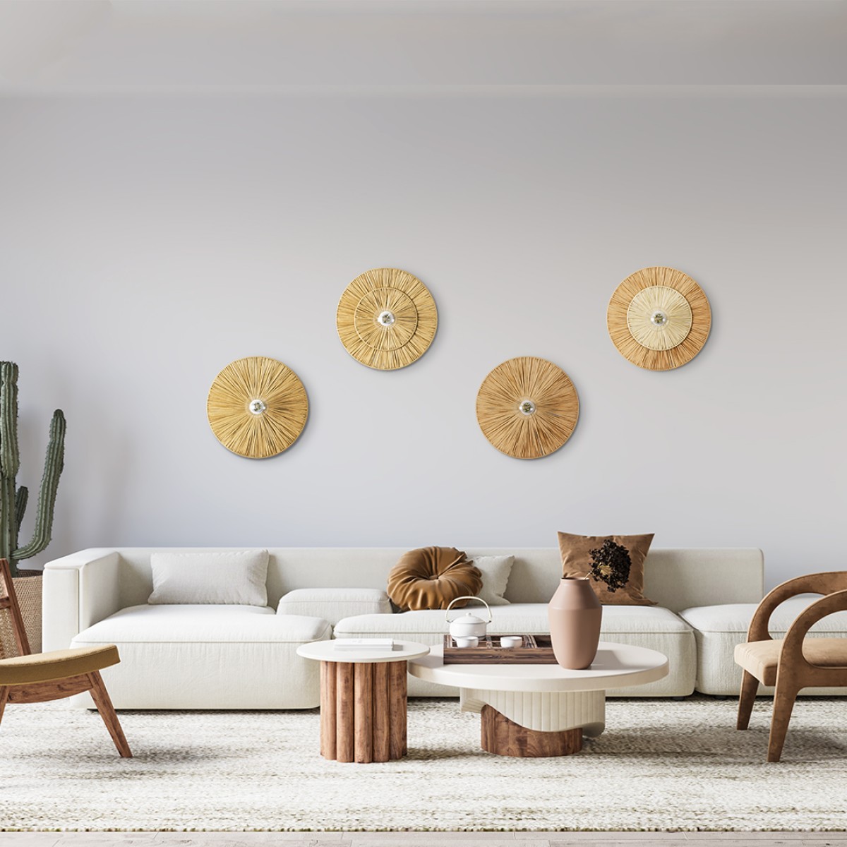GloboStar® COLOMBO 02283 Boho Επιτοίχιο Φωτιστικό Απλίκα Μονόφωτο 1 x E27 IP20 Μπεζ Ράφια - Μ40 x Π40 x Υ9cm