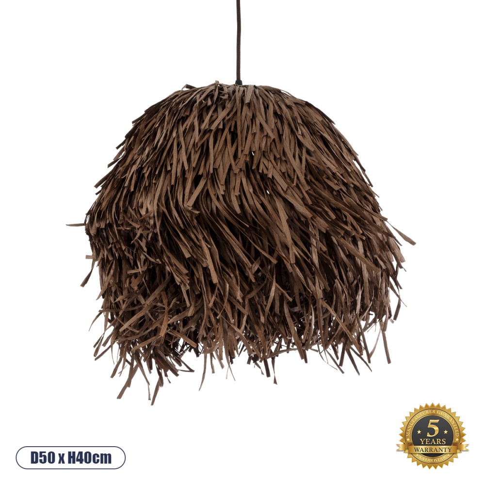 GloboStar® GUADELOUPE 02293 Boho Κρεμαστό Φωτιστικό Καμπάνα Μονόφωτο 1 x E27 IP20 Καφέ Raffia - Μ50 x Π50 x Υ40cm