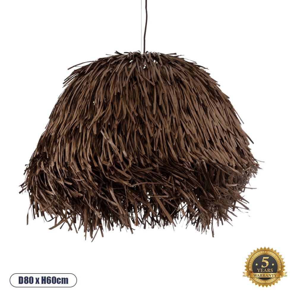 GloboStar® GUADELOUPE 02294 Boho Κρεμαστό Φωτιστικό Πλέγμα Μονόφωτο 1 x E27 IP20 Καφέ Raffia - Μ80 x Π80 x Υ60cm