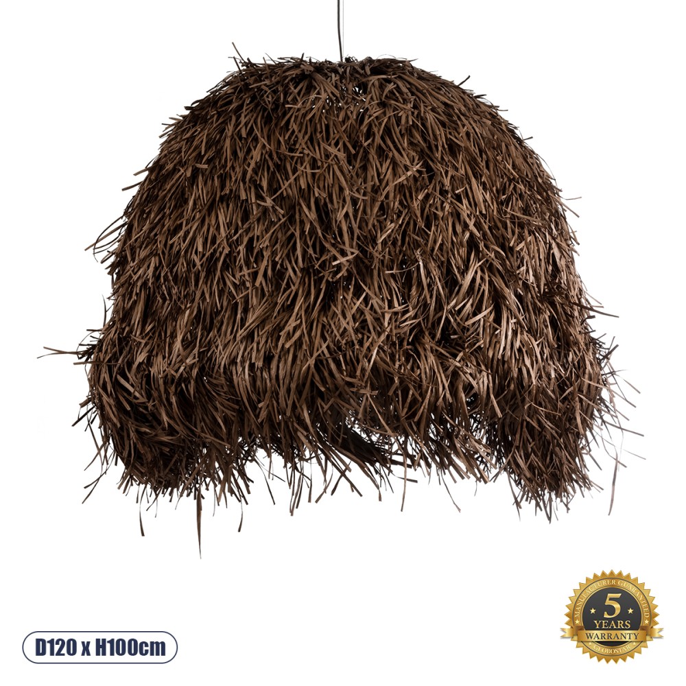 GloboStar® GUADELOUPE 02295 Boho Κρεμαστό Φωτιστικό Καμπάνα Μονόφωτο 1 x E27 IP20 Καφέ Raffia - Μ120 x Π120 x Υ100cm