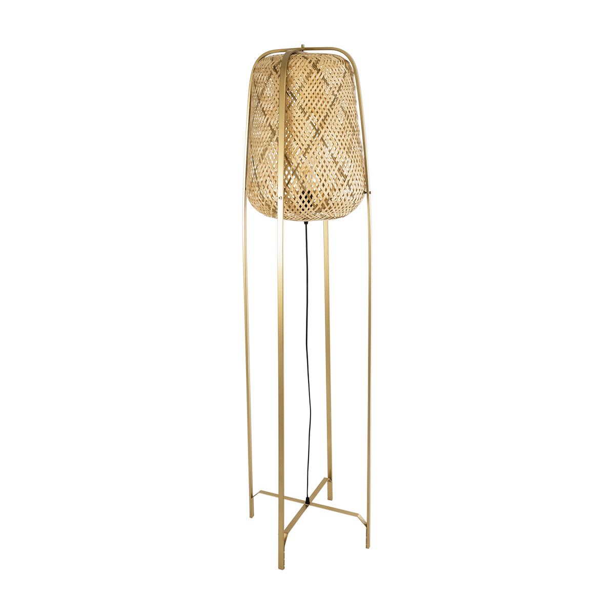 GloboStar® MEILANI 02301 Boho Επιδαπέδιο Φωτιστικό Μονόφωτο 1 x E27 IP20 Χρυσό Μέταλλο με Μπεζ Ξύλο - Μ40 x Π40 x Υ150cm