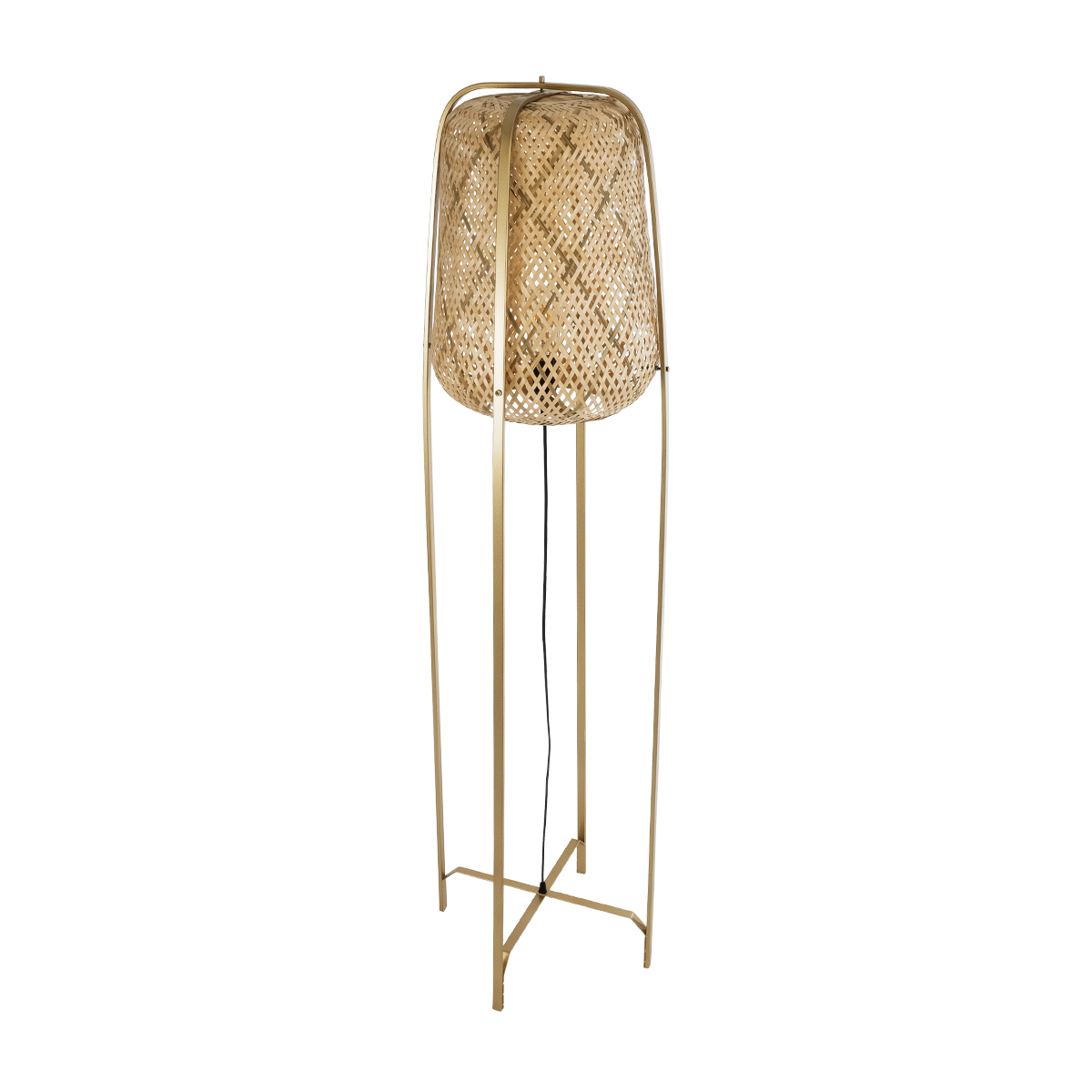 GloboStar® MEILANI 02301 Boho Επιδαπέδιο Φωτιστικό Μονόφωτο 1 x E27 IP20 Χρυσό Μέταλλο με Μπεζ Ξύλο - Μ40 x Π40 x Υ150cm
