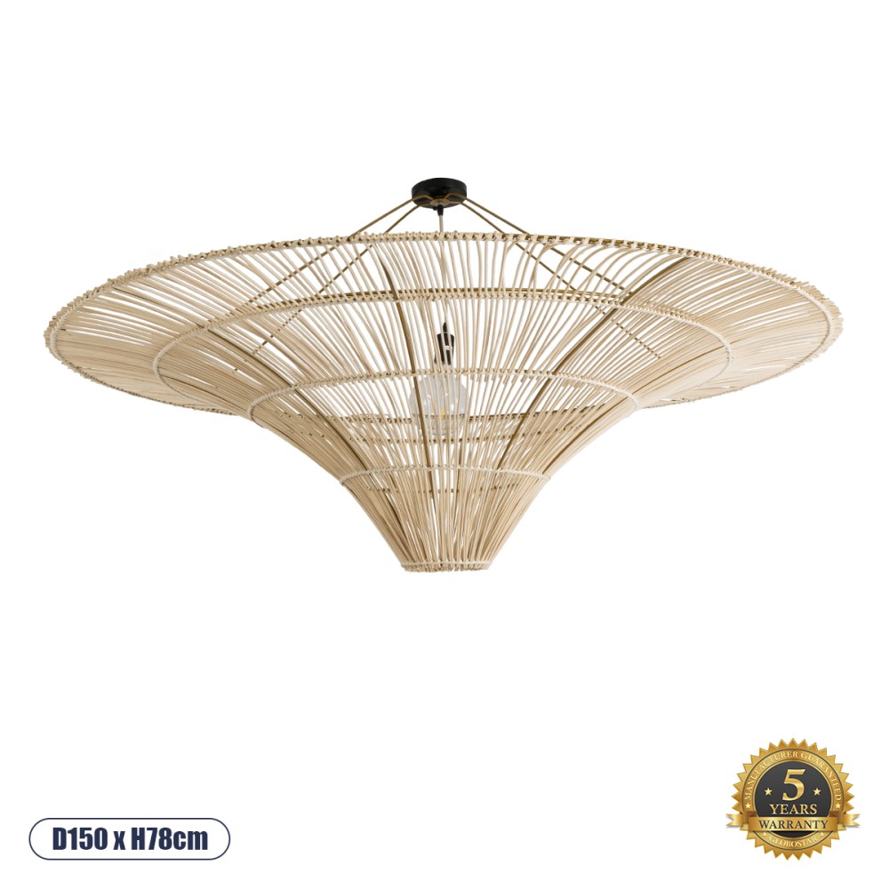 GloboStar® PALERMO 02309 Boho Φωτιστικό Οροφής Πλέγμα Μονόφωτο 1 x E27 IP20 Μπεζ Ξύλο - Μ150 x Π150 x Υ78cm