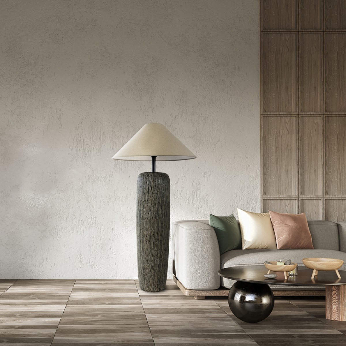 GloboStar® OLIANA 02315 Boho Επιδαπέδιο Φωτιστικό Μονόφωτο 1 x E27 IP20 Γκρι Κεραμικό με Μπεζ Ύφασμα - Μ55 x Π55 x Υ110cm