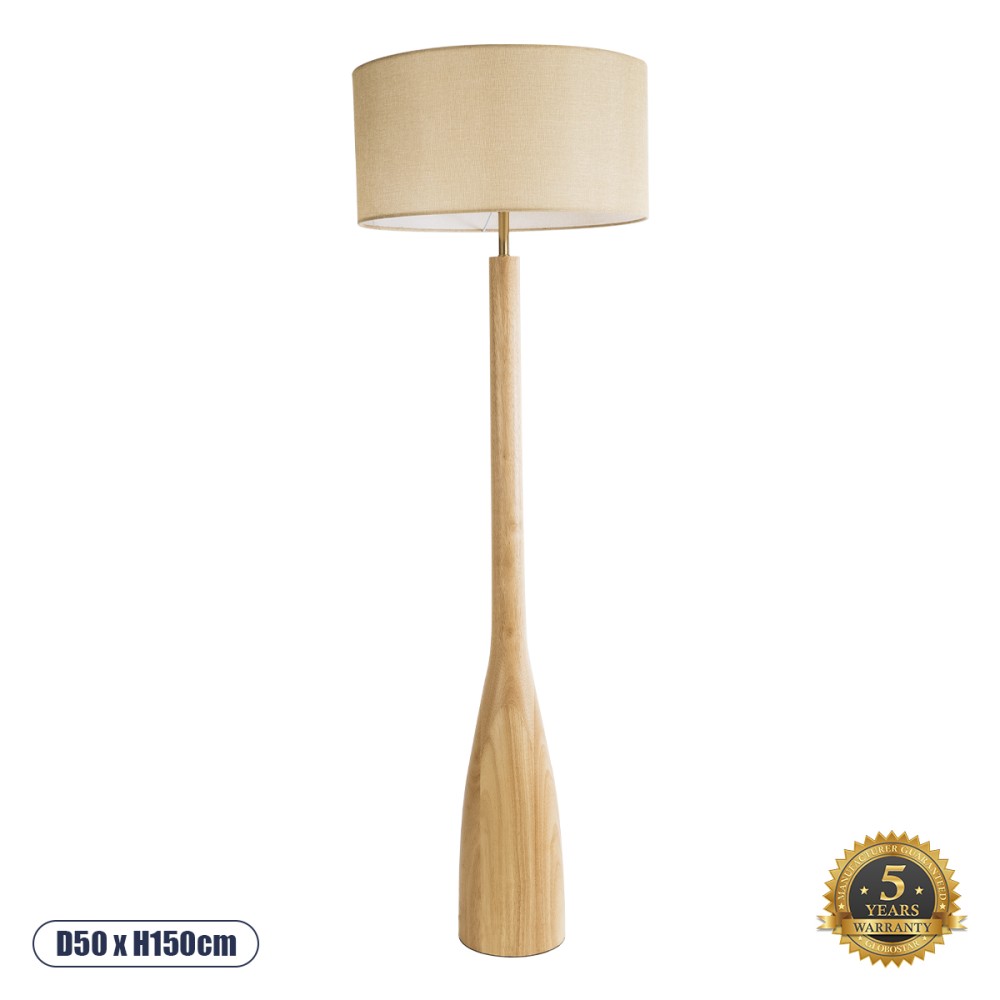 GloboStar® BERKBAY 02318 Boho Επιδαπέδιο Φωτιστικό Μονόφωτο 1 x E27 IP20 Μπεζ Ξύλο με Μπεζ Ύφασμα - Μ50 x Π50 x Υ150cm