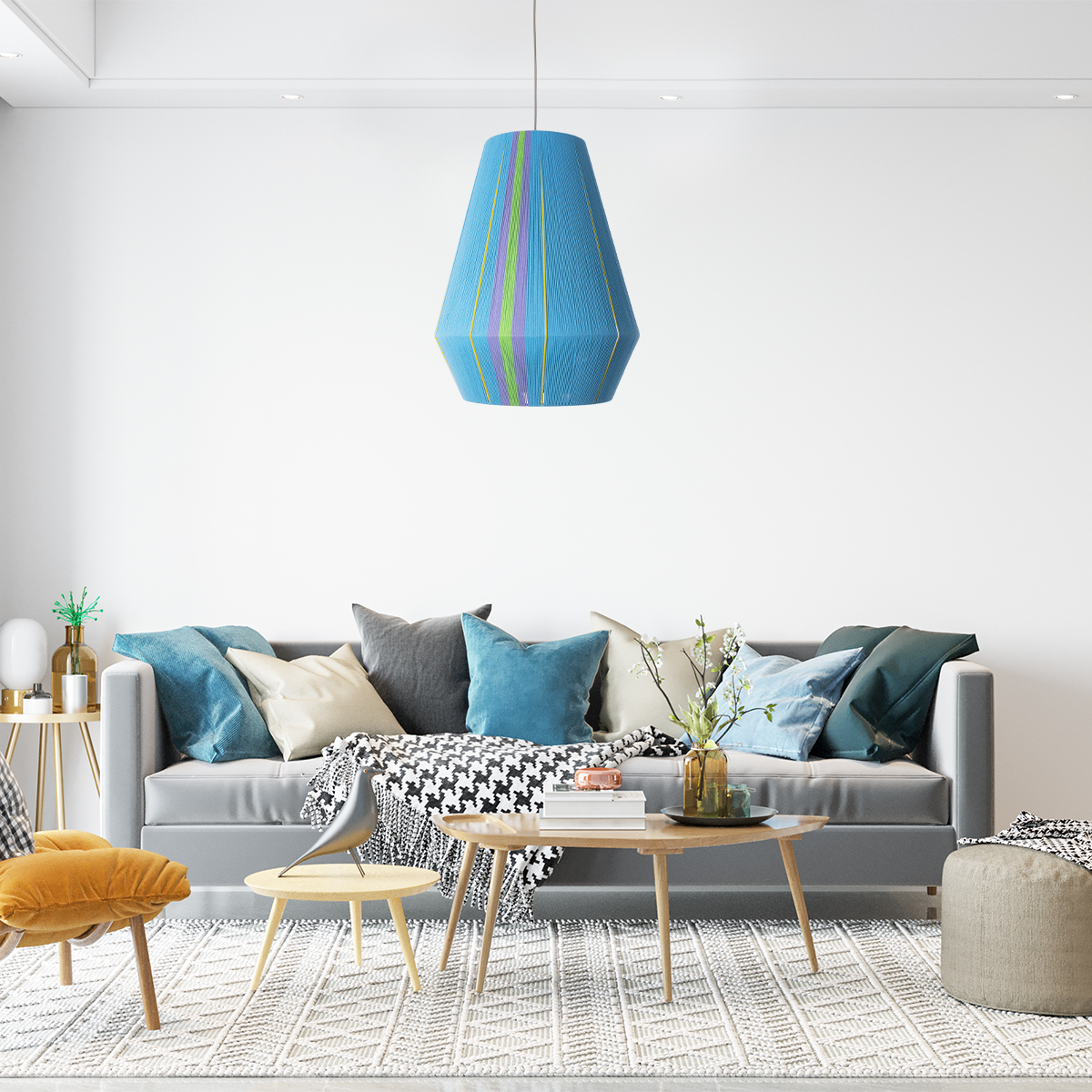 GloboStar® SALERNO 02336 Boho Κρεμαστό Φωτιστικό Πλέγμα Μονόφωτο 1 x E27 IP20 Πολύχρωμο Σχοινί - Μ50 x Π50 x Υ60cm