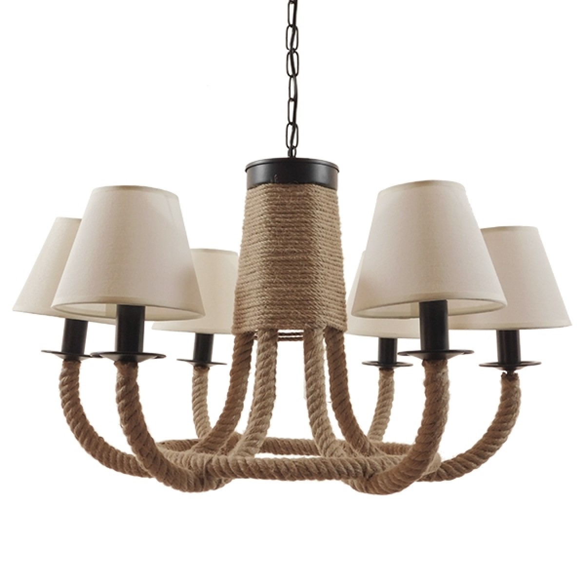 GloboStar® VERONE 10001020 Vintage Κρεμαστό Φωτιστικό Πλέγμα Πολύφωτο 6 x E14 IP20 Μαύρο Μέταλλο με Μπεζ Σχοινί - Μ65 x Π65 x Υ45cm