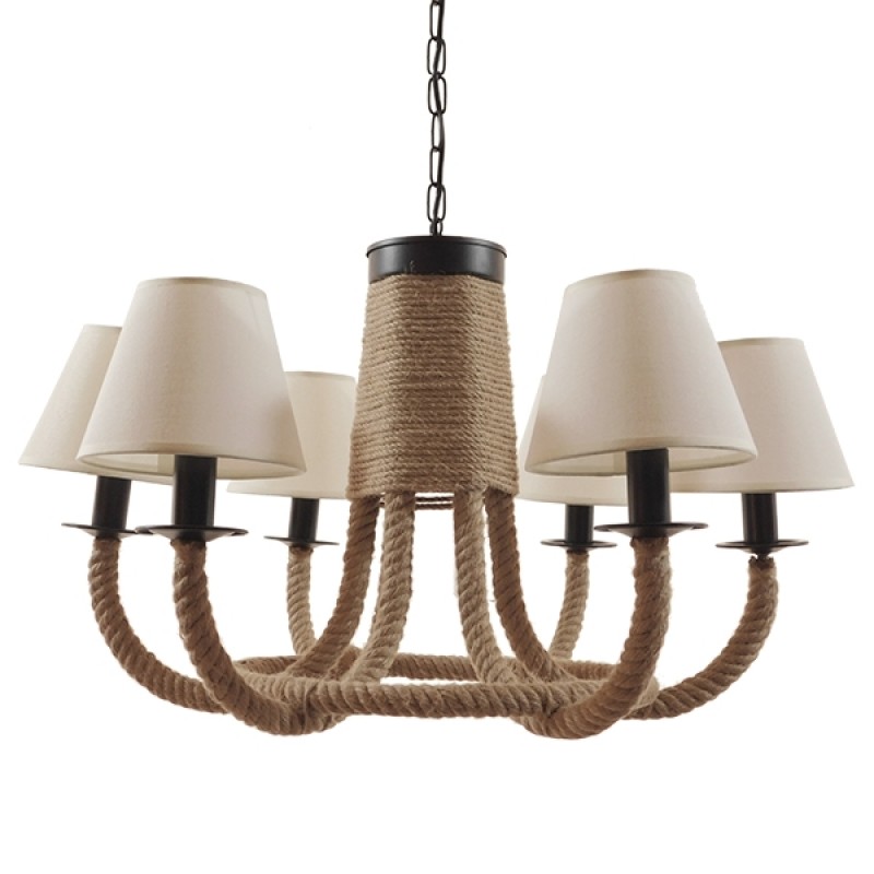 GloboStar® VERONE 10001020 Vintage Κρεμαστό Φωτιστικό Πλέγμα Πολύφωτο 6 x E14 IP20 Μπεζ Ύφασμα με Μπεζ Σχοινί - Μ65 x Π65 x Υ45cm