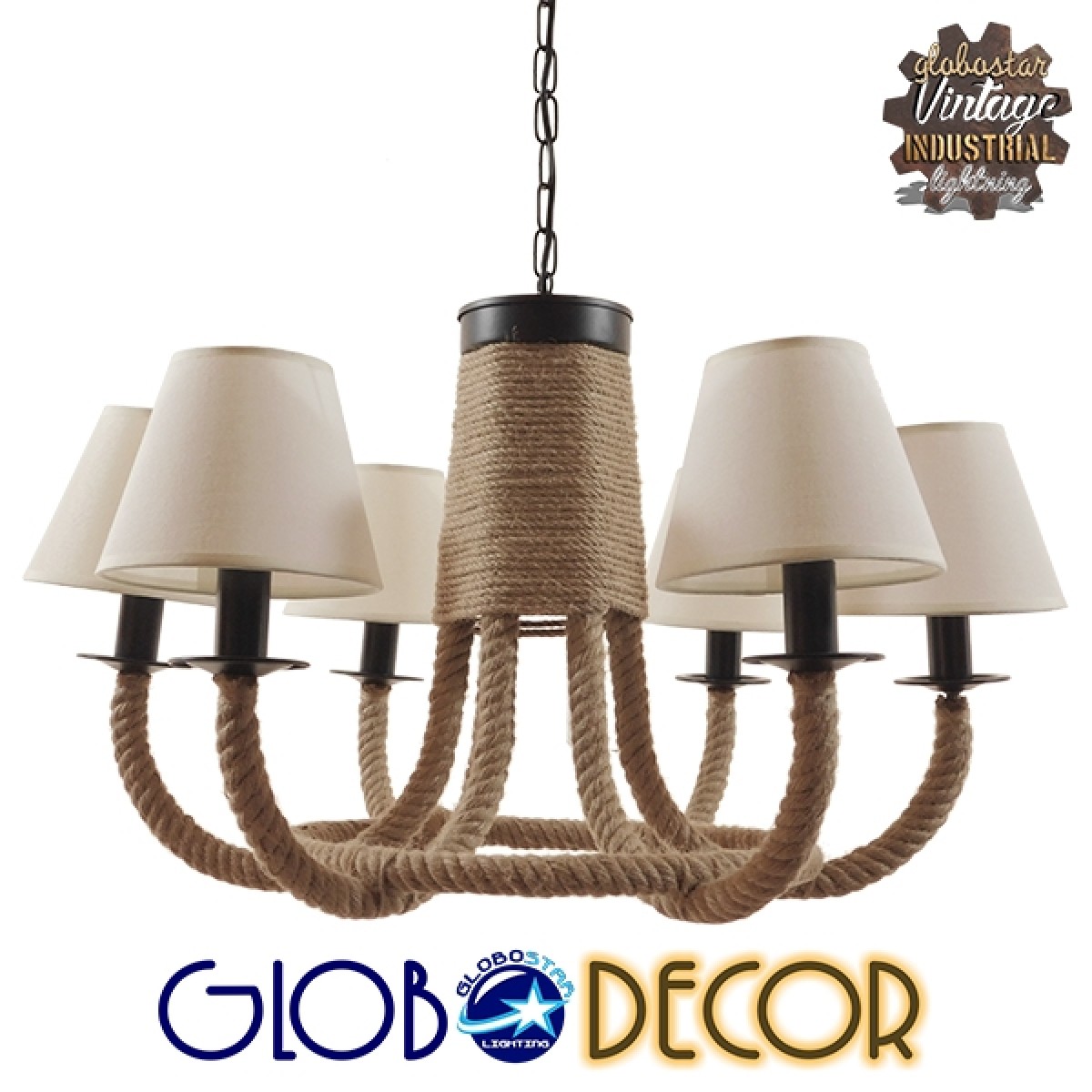 GloboStar® VERONE 10001020 Vintage Κρεμαστό Φωτιστικό Πλέγμα Πολύφωτο 6 x E14 IP20 Μαύρο Μέταλλο με Μπεζ Σχοινί - Μ65 x Π65 x Υ45cm