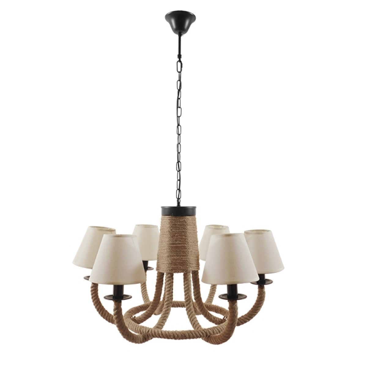 GloboStar® VERONE 10001020 Vintage Κρεμαστό Φωτιστικό Πλέγμα Πολύφωτο 6 x E14 IP20 Μαύρο Μέταλλο με Μπεζ Σχοινί - Μ65 x Π65 x Υ45cm