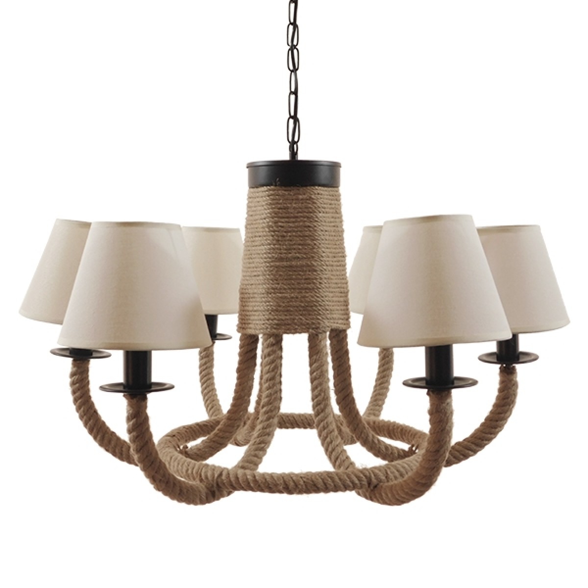 GloboStar® VERONE 10001020 Vintage Κρεμαστό Φωτιστικό Πλέγμα Πολύφωτο 6 x E14 IP20 Μαύρο Μέταλλο με Μπεζ Σχοινί - Μ65 x Π65 x Υ45cm