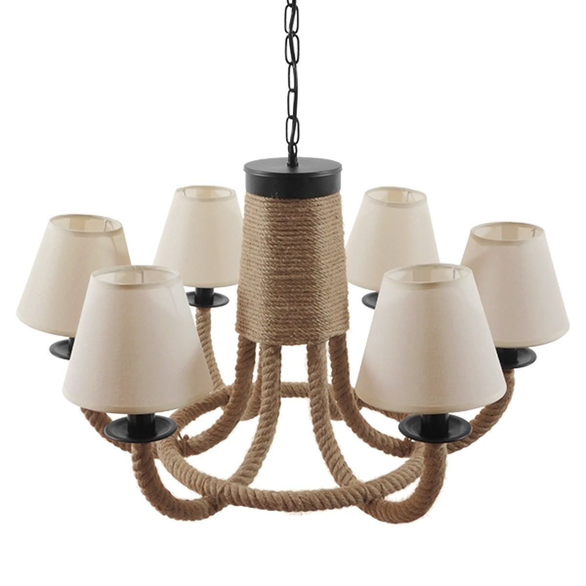 GloboStar® VERONE 10001020 Vintage Κρεμαστό Φωτιστικό Πλέγμα Πολύφωτο 6 x E14 IP20 Μαύρο Μέταλλο με Μπεζ Σχοινί - Μ65 x Π65 x Υ45cm