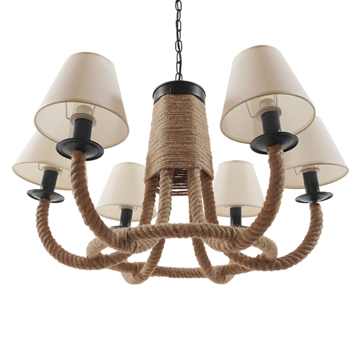 GloboStar® VERONE 10001020 Vintage Κρεμαστό Φωτιστικό Πλέγμα Πολύφωτο 6 x E14 IP20 Μαύρο Μέταλλο με Μπεζ Σχοινί - Μ65 x Π65 x Υ45cm