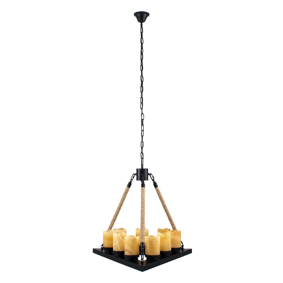 GloboStar® DOME 10001021 Vintage Κρεμαστό Φωτιστικό Ανάρτηση Πολύφωτο 9 x E27 Μαύρο Μέταλλο με Μπεζ Σχοινί - Μ68 x Π60 x Υ50cm